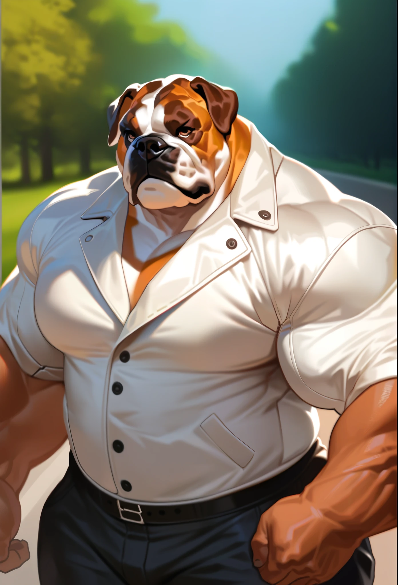 solo, 1boy, Muscular bulldog, wide shoulder, pectoral, thick arms, huge pectoral, wide pectoral, standing in street with meadow background, nature, short hair, grey hair, black pants and white shirts with outer leather jacket, grinning', simple background, masterpiece, semirealistic:1.2, high detailed, 8k, high resolution