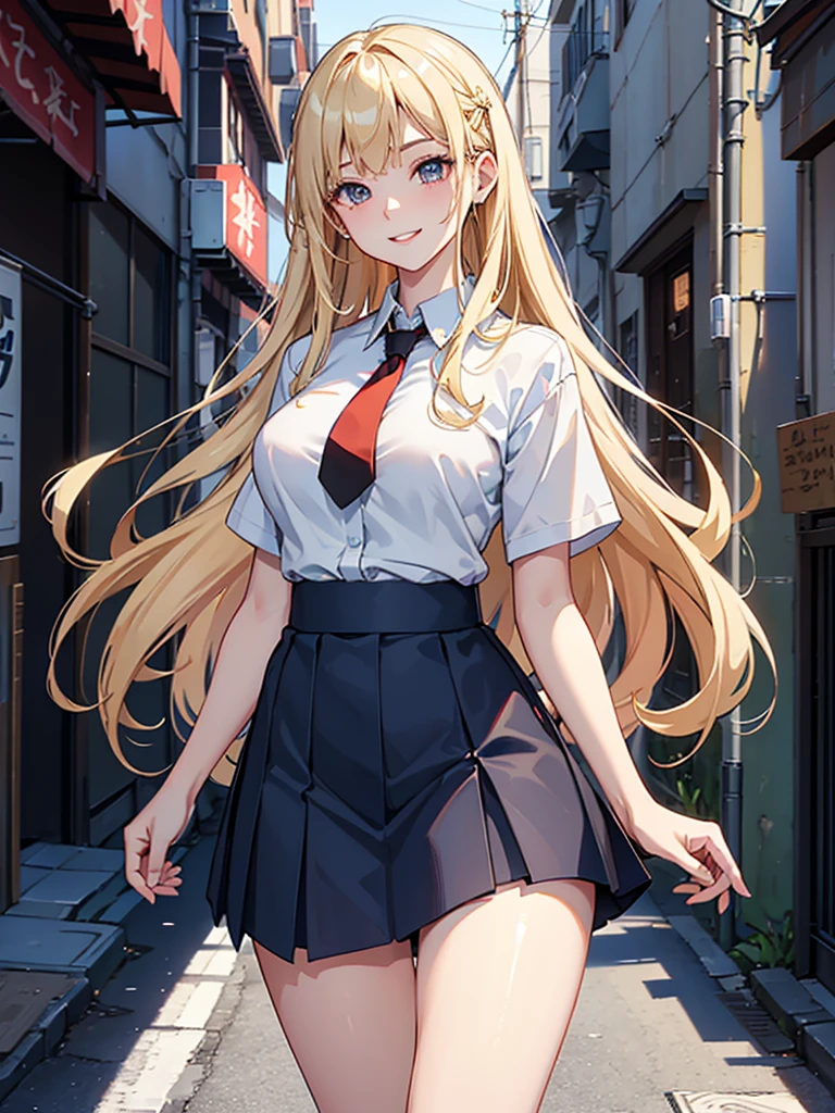 NSFW,(One girl:1.5),Blonde,Very long hair、Messy Hair、Flat Chest,Sleeveless shirt、Grey Shirt、Sleeveless、tie、Arm tattoo、skirt、Thigh-high socks、Thigh-high boots,(Perfect hands),(Perfect Anatomy),(masterpiece),(highest quality),(Embarrassed:1.5),blush,Shy laugh,Downtown at night,Back Alley,Street lamp
