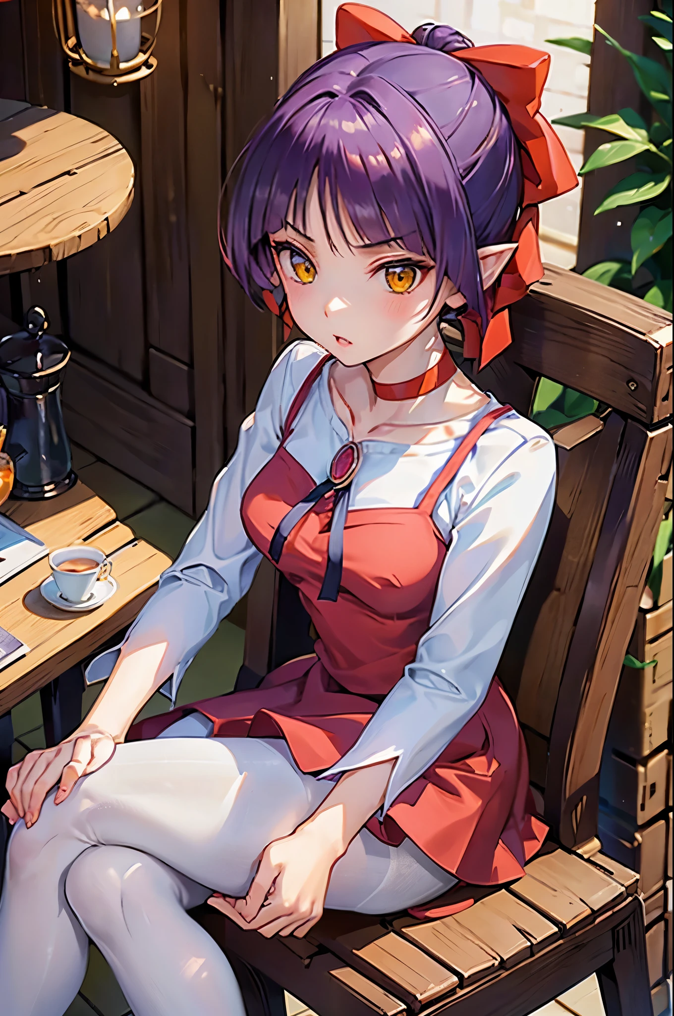 masterpiece,Best Quality, Best Quality, Perfect Skin,  beautiful attention to detail,Detailed face,((Perfect human structure))Dynamic Lighting,One Girl,View your audience, NMM1, Catgirl, Catgirl \(Gegege no Kitaro 6\), One Girl, Purple Hair, Yellow Eyes, Alone, Red dress, Red choker, hair ribbon,  pointed ears, short hair, White shirt, Long sleeve,, bangs, clavicle, brooch,  jewelry ,discovery, ((pantyhose)),((Crossing your legs)),indoor,,((Sit on a chair))