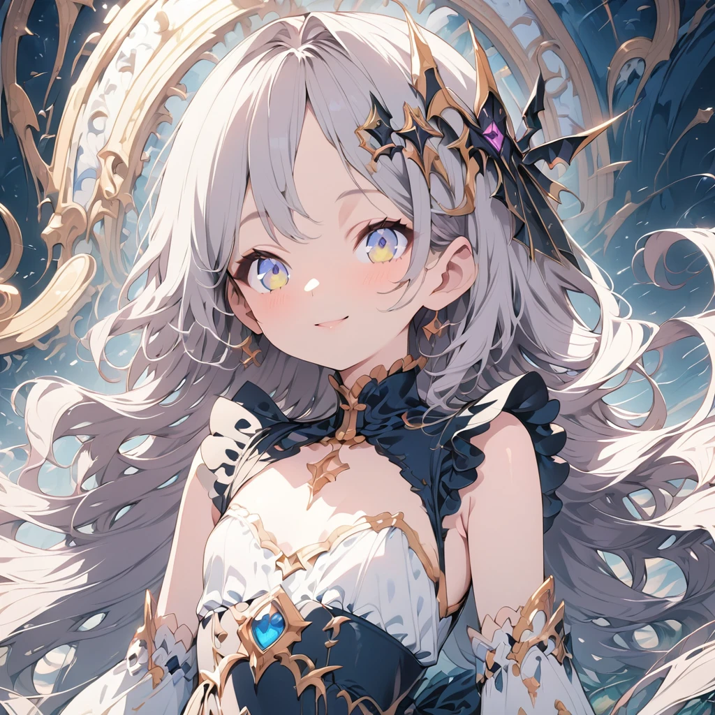 Absurd,anime,Detailed and beautiful eyes,(art),(artistic clothing:1.5),angel,gray hair,smile,(a girl:1.5),from the waist up,(small breasts:1.2),(small chest:1.2),mysterious,fallen Angel,Hello,(Large detailed hair ornament:1.2),(look away:1.5),detailed clothes,Flashy Moves,Mechanical,masterpiece, moe kawaii,abyss,luster,lame,(ultra detailed:1.2), ((highest quality)) ,Extremely Delicately Beautiful ,64k