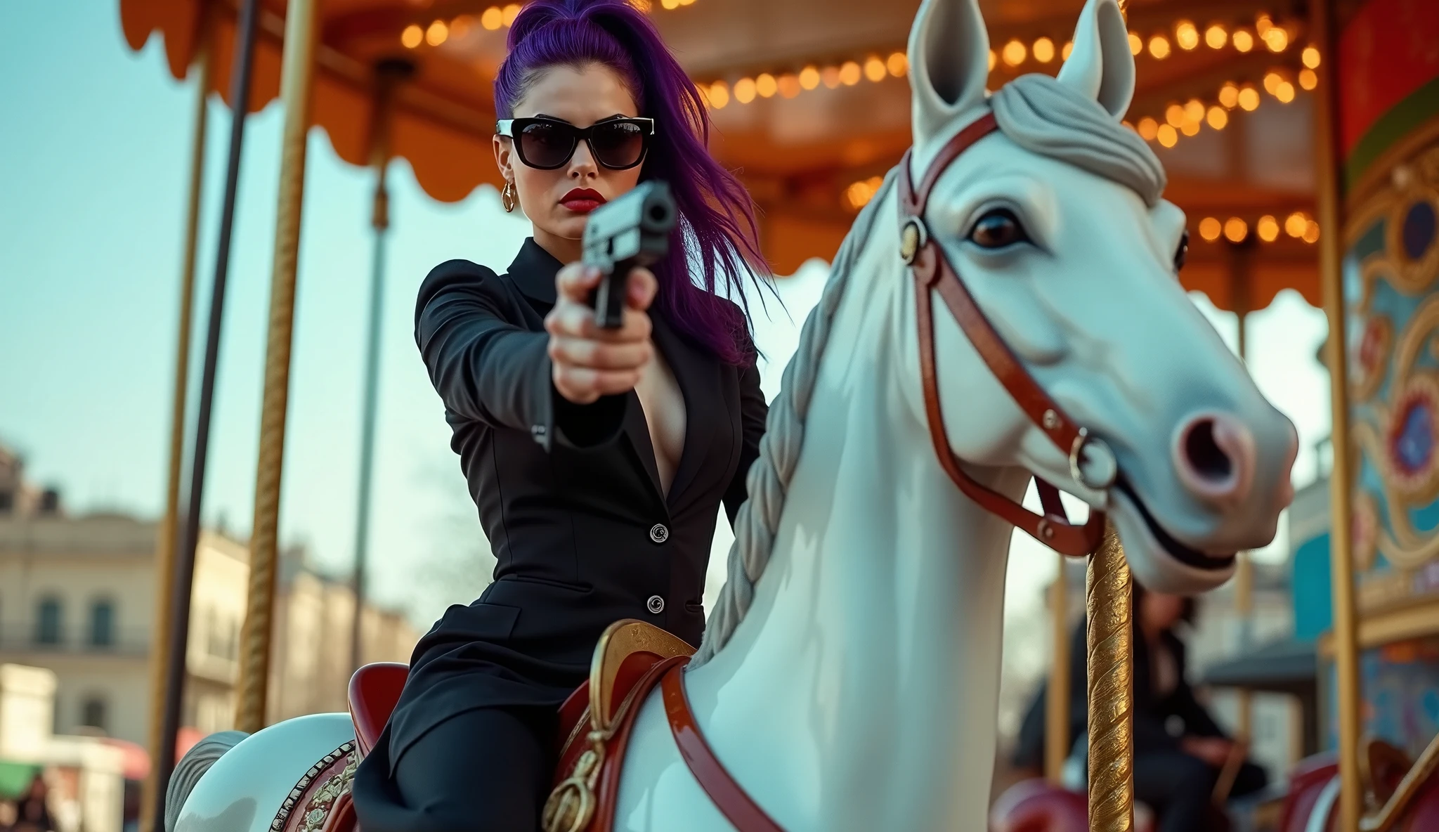 cinema photography, a mysterious European beautiful woman in black tuxedo with purple hair and high ponytail curvy hair, she wear a black sunglasses, she holding a pistol and pointing foward, she riding on a white horse of a merry-go-round in amusement park, daylight, outdoor