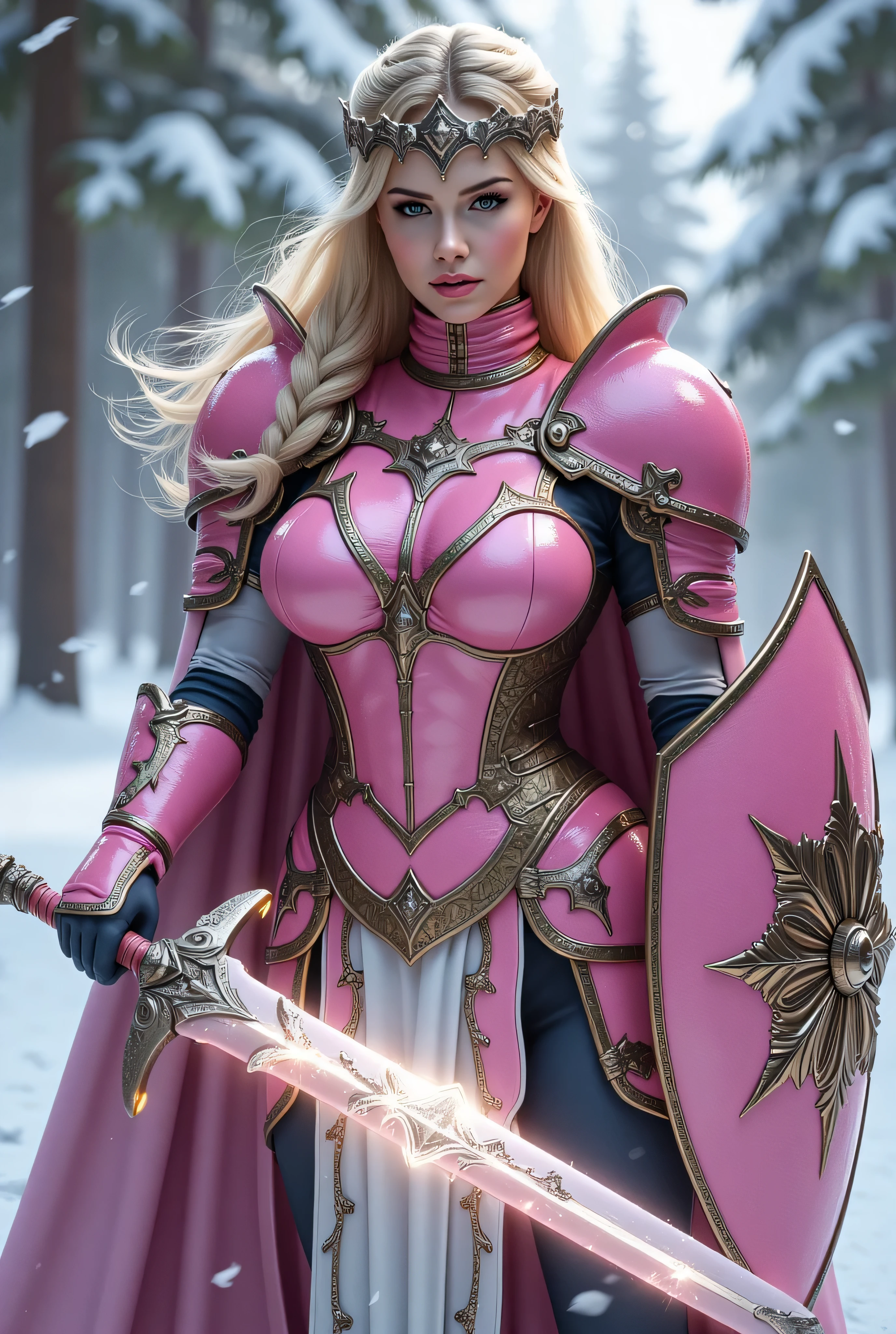 ((best quality, masterpiece, score_9, score_8_up)), intricate details, sharp focus, professional, real life, ((portrait, upper torso, armored female paladin, battle worn gloss pink lacquered perfectchainmail armor, alabaster cloak, (Barbie, bright blonde hair)), clear green eyes, blackout eyeshadow, iron circlet), braids, glowing radiant white snowflake engraved sword, shield, sparks, windy, outdoor frozen snow snowy forest, dynamic battle pose, photorealistic
