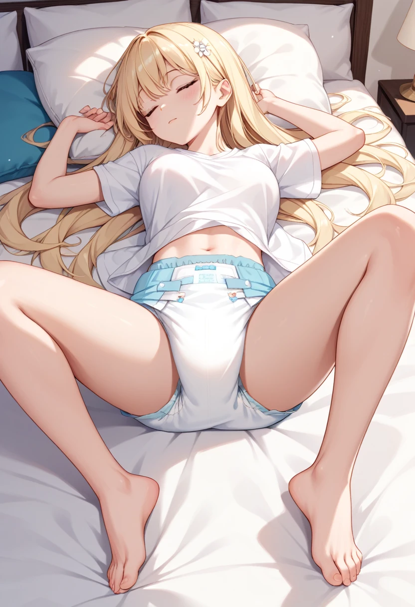 Beautiful long blonde　White shirt　bottomless　diaper　 sleeping in bed 　barefoot　Open your legs