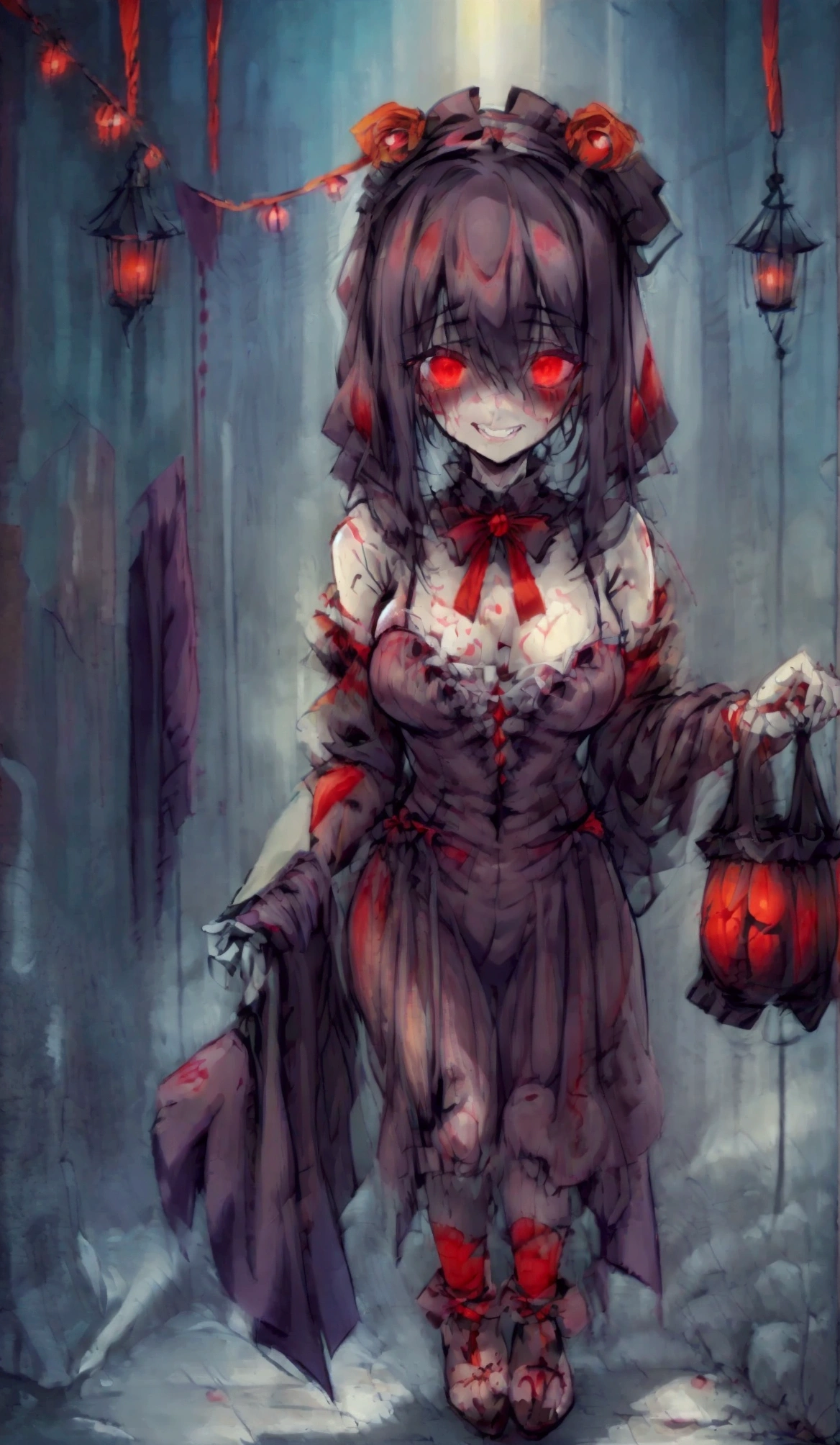 scared, parallel, Tattered Cloth, dark, fog深い, fog, One Girl, expensive, spooky, Horror, wide spooky smile, Red glowing eyes, Point out to the audience,
