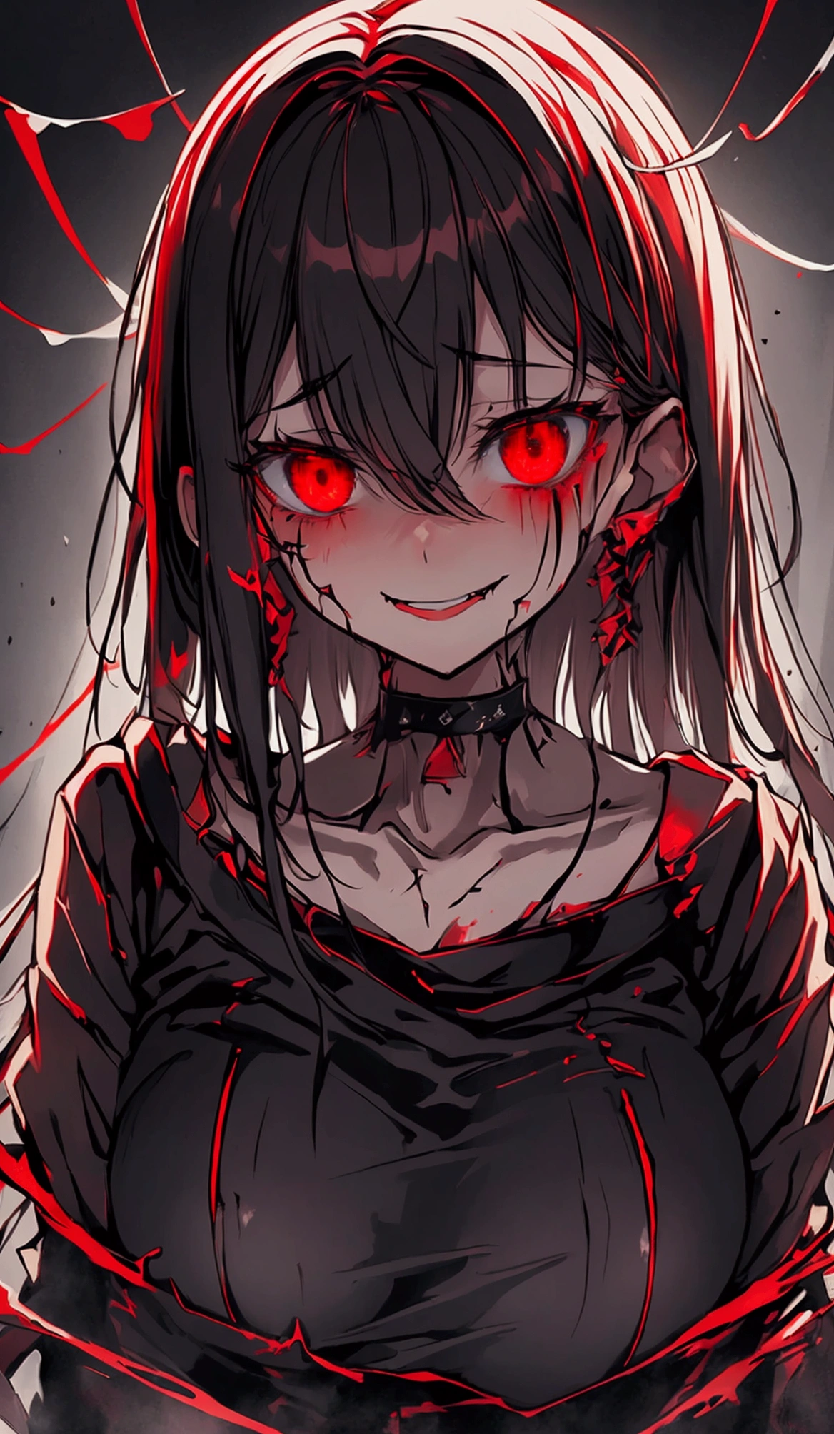 scared, parallel, Tattered Cloth, dark, fog深い, fog, One Girl, expensive, spooky, Horror, wide spooky smile, Red glowing eyes, Point out to the audience,
