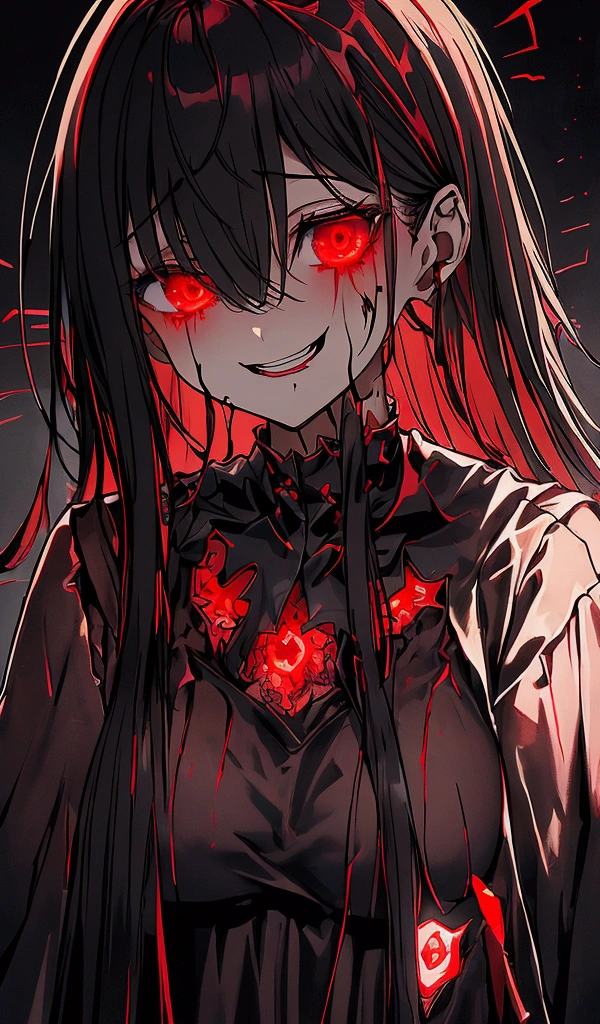 scared, parallel, Tattered Cloth, dark, fog深い, fog, One Girl, expensive, spooky, Horror, wide spooky smile, Red glowing eyes, Point out to the audience,
