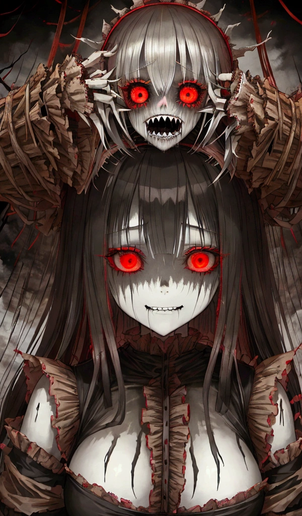 scared, parallel, Tattered Cloth, dark, fog深い, fog, One Girl, expensive, spooky, Horror, wide spooky smile, Red glowing eyes, Point out to the audience,
