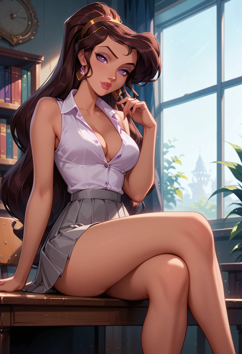 score_9, score_8_up, score_7_up, 1girl, solo, very sexy (Disney's Megara, m_ra, brown hair, purple eyes, ponyail::1.3), beautiful waifu, cute reading glasses, school uniform, sleeveless shirt, pleated skirt, grey skirt, short skirt, collared shirt, cleavage, confident, seductive, flirt, gaze, sexy look, head tilt, filled lips, thick lips, sexy pout, in library, (sitting on reception desk, legs crossed:1.2), model pose, sexy pose, elegant, glamorous, dimly lit, expressiveh d4rk01l, perfect hands, perfect proportions, low angle.