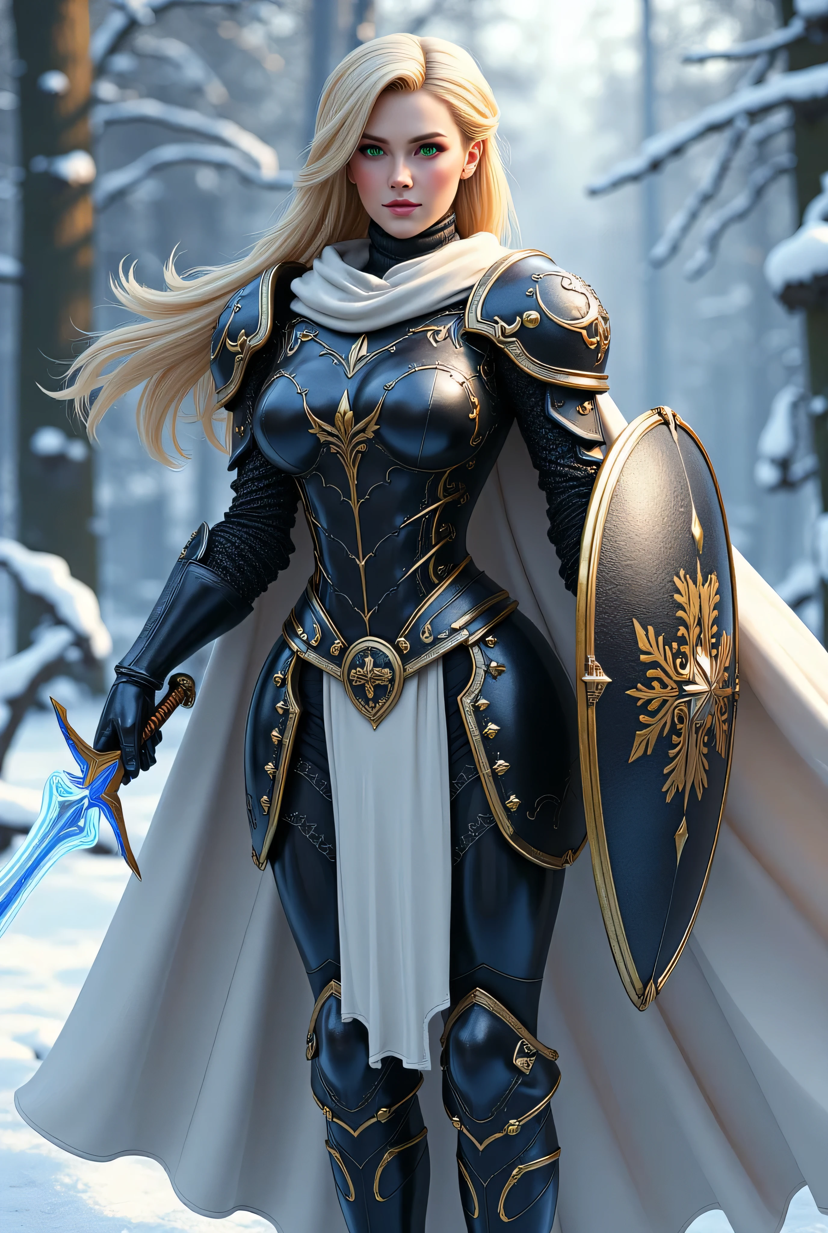 ((best quality, masterpiece, score_9, score_8_up)), intricate details, sharp focus, professional, real life, ((armored female paladin, battle worn gloss black lacquered perfectchainmail armor, alabaster cloak, (Barbie, bright blonde hair)), clear green eyes, blackout eyeshadow, iron circlet), braids, glowing radiant white snowflake engraved sword, shield, windy, outdoor frozen snow snowy forest, dynamic battle pose, photorealistic, smirking smile, head tilted cocked
