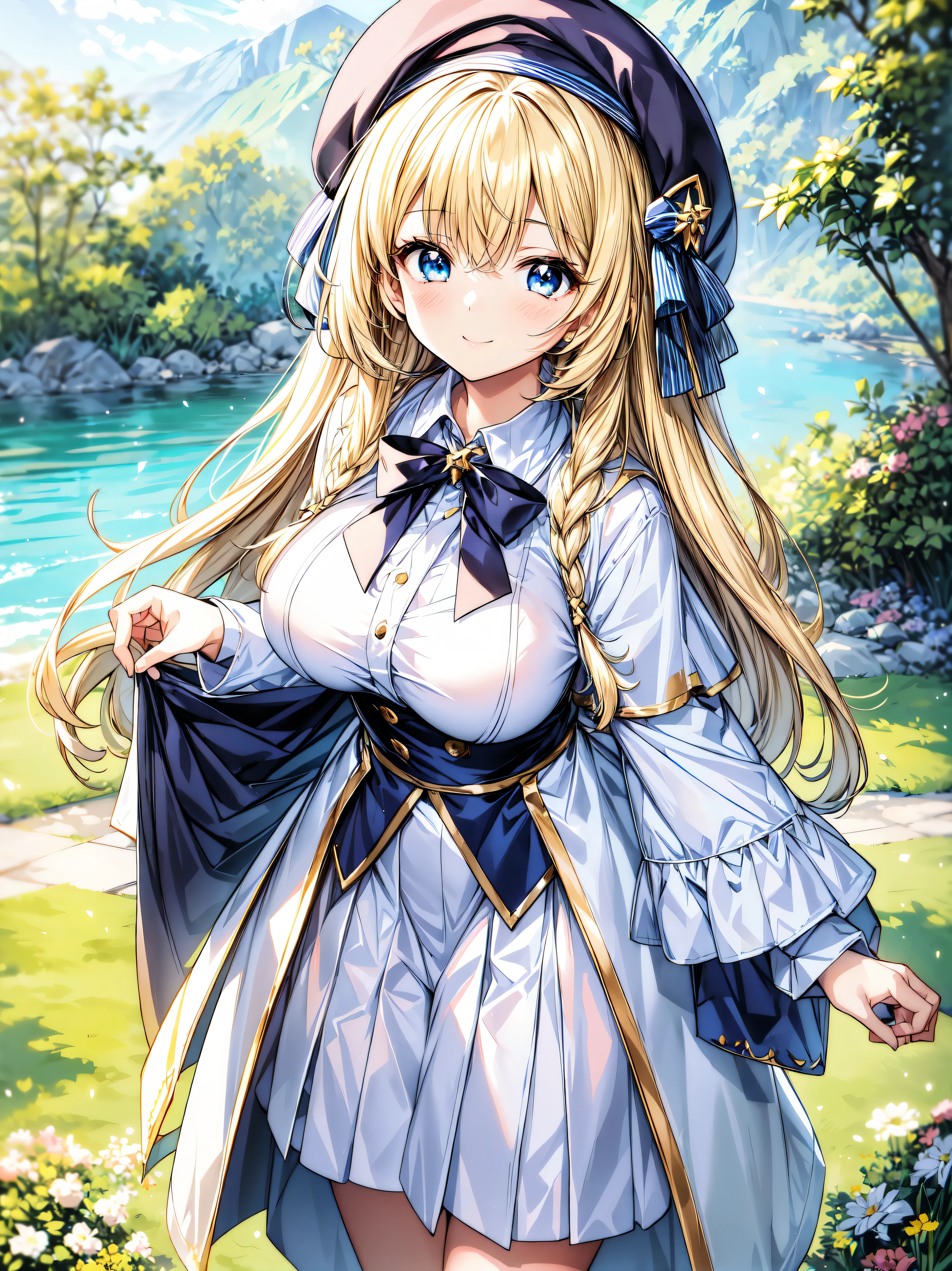 ((Ultra HD)), ((Super detailed)), ((Best Quality)), Blonde, ((Asymmetrical bangs)), KAWAII, happy smile, Big Breasts, breasts focus, Beret, Pleated mini skirt with lace, White Wizard, (baggy cloak), looking at viewer, from above, (leaning forward:1.2), on grassland, (((Complete Hand))), amazing digital painting, ((depth of field, blurred background)), (anime moe art style:1.3),