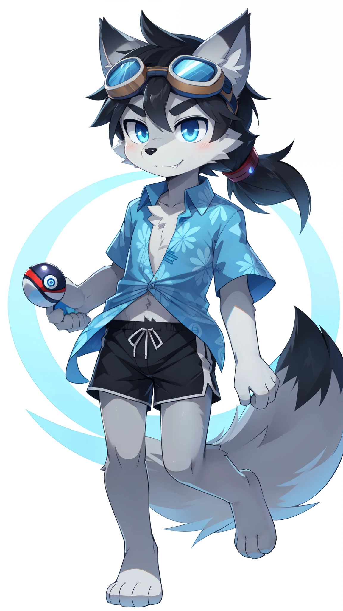 score_9,score_8_up,score_7_up, source_cartoon, source_furry, Furry shota, wolf, black hair, spike messy hairstyle, long messy ponytail, blue eyes, detailed body fur, ((goggles, blue aloha shirt, short sleeves, open clothes, black swim trunks)), looking at you, fangs, clear grey body fur, detailed face, big eyebrows, detailed eyes, detailed body, detailed body fur, detailed hands, glistering body, shiny body, skinny, full body, feets with three toes, 3 toes, solo, glowing blue eyes, motion blur, thick outline, anthropomorphic, countershading, holding a pokeball, white background, simple background,