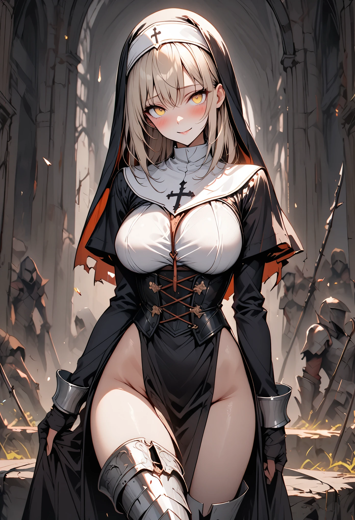 solo, female, tall, cowboy shot, nun habit, armor, knight, armor corset, thigh boots, yandere, large breasts, very short straight hair, platinum blonde, long legs, thighs, light yellow eyes, smile, cute hair bow, blush, aroused, accidentally unbuttoned top, looking at viewer, huge pauldron, barbarian, curvaceous, bdsm