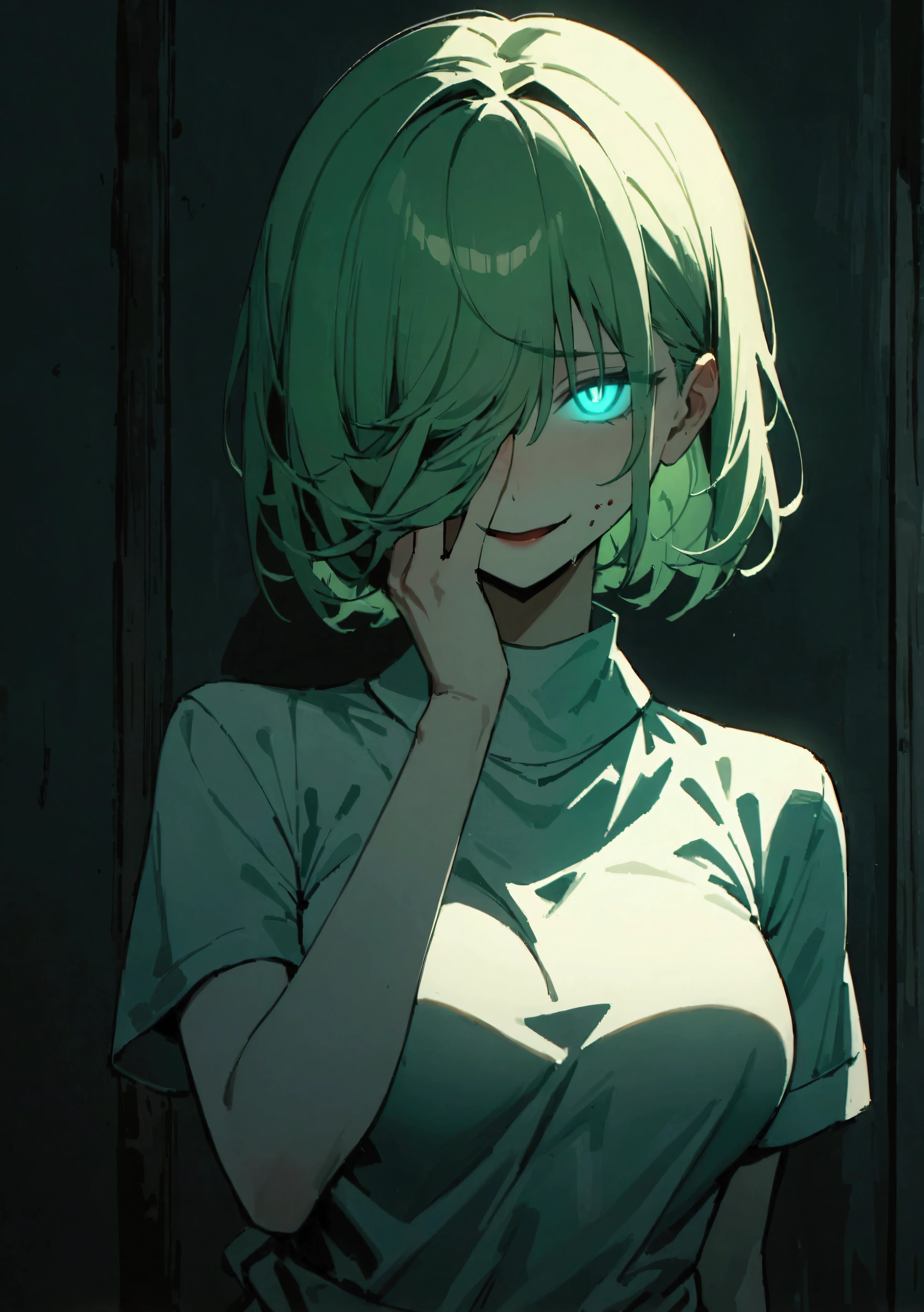 ( masterpiece:1.2, The best quality ), 1 woman, upper body part, nurse clothes , casual, medium breasts , Green hair covering one eye, Minimalist makeup,pale,natural fabrics, Close-up of the face , evil smile, glowing phosphorescent eyes circular pupils,8k high resolution, detailed lines, (( full body)) , I bled on his body