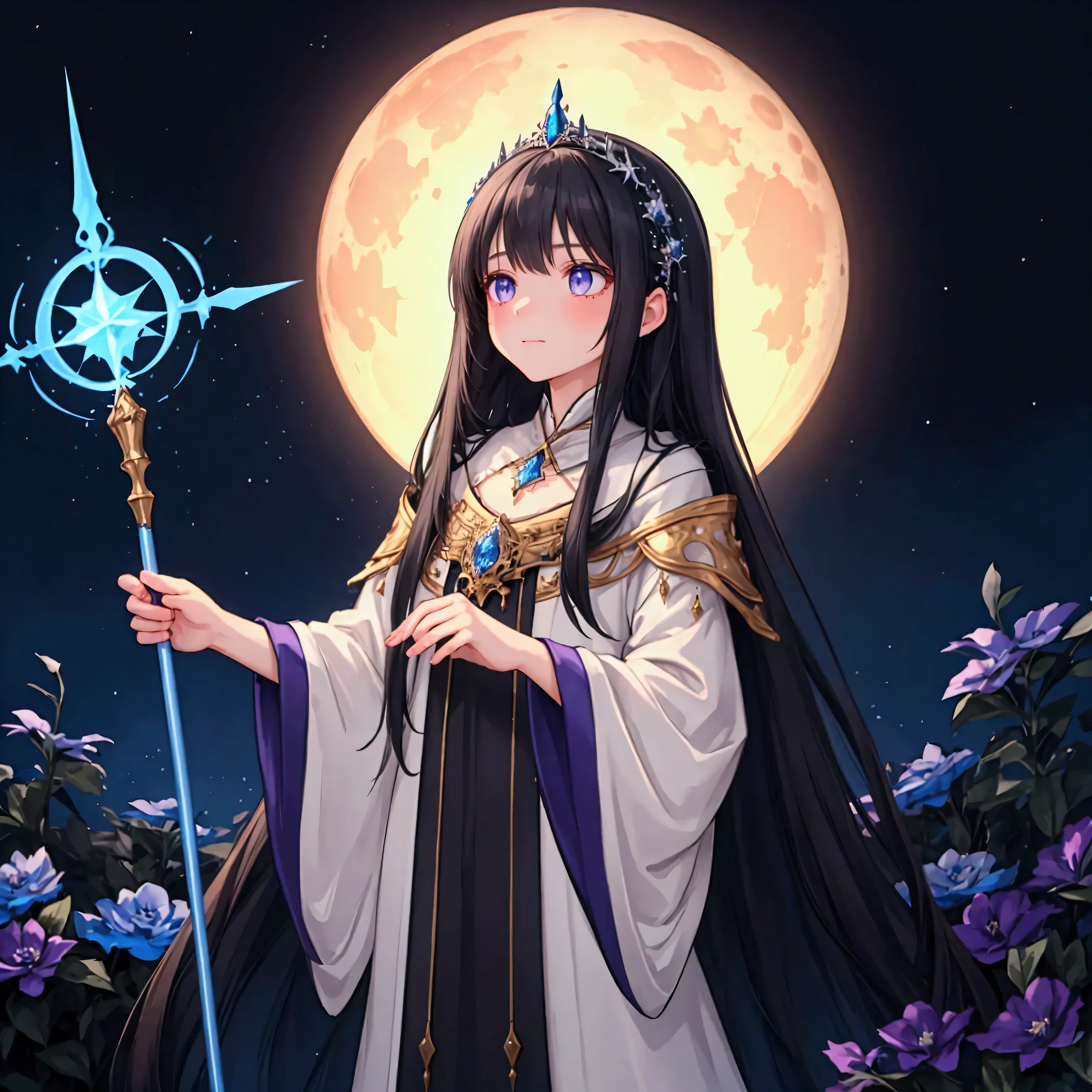 A slender woman with long, flowing black hair, standing at 160 cm tall, weighing 45 kg, with a petite chest. Her eyes are a soft, pale blue, giving her a mysterious and ethereal aura. She is dressed in a flowing white wizard's robe, adorned with intricate details, and holds an ornate wizard's staff. She stands under a vast, starry sky dominated by a large, glowing moon, set in a fantasy world. Her expression is neutral as she gazes upward, lost in thought. The scene feels otherworldly, with soft colors blending blues, purples, and silvery tones, complemented by ethereal lighting that enhances the magical atmosphere. The image is rendered in ultra-high quality, capturing every fine detail with stunning clarity in UHD, retina, and 4K resolution.