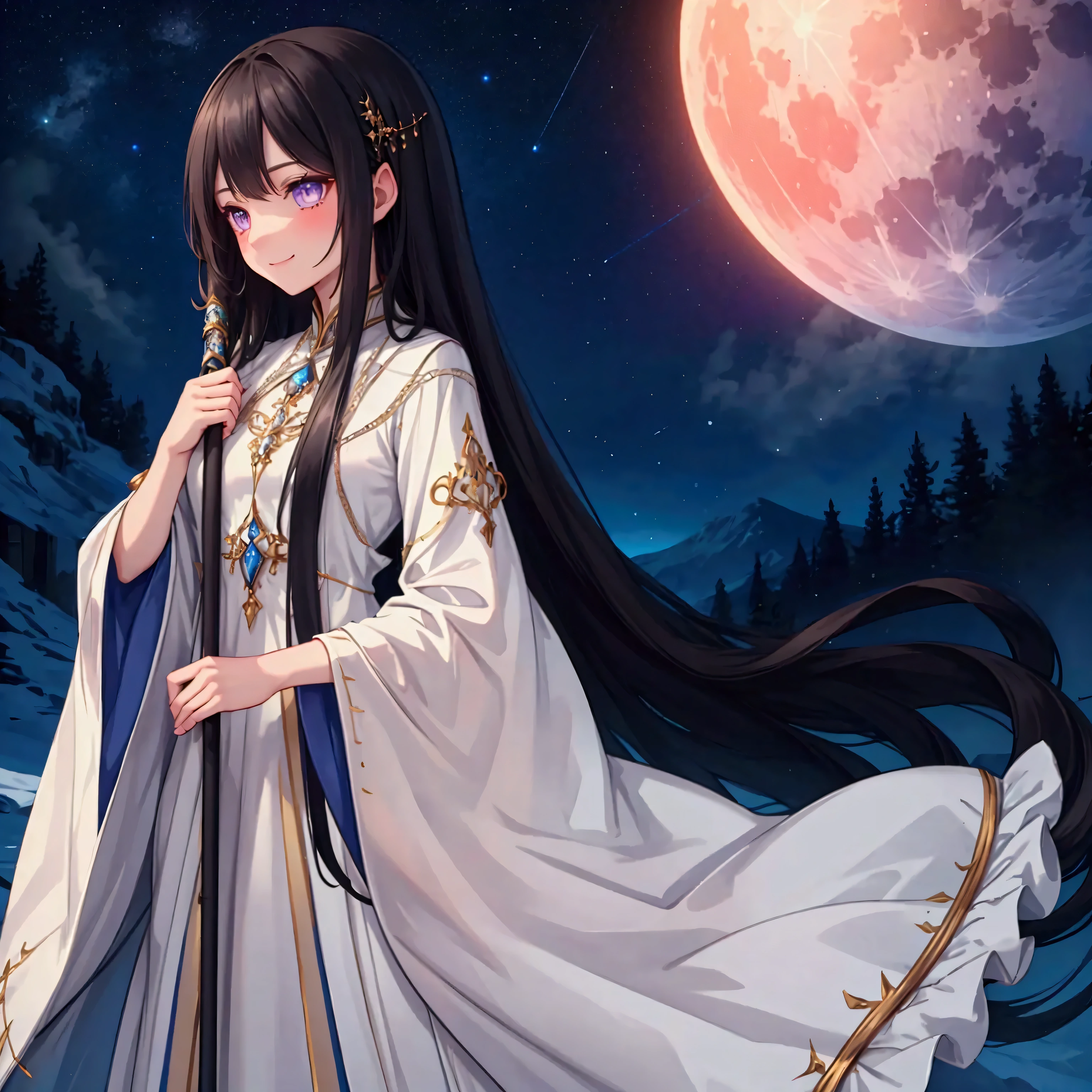 A slender woman with long, flowing black hair, standing at 160 cm tall, weighing 45 kg, with a petite chest. Her eyes are a soft, pale blue, giving her a mysterious and ethereal aura. She is dressed in a flowing white wizard's robe, adorned with intricate details, and holds an ornate wizard's staff. She stands under a vast, starry sky dominated by a large, glowing moon, set in a fantasy world. She is shown in full profile, with a gentle smile on her face, adding warmth to her otherworldly presence. The scene feels magical, with soft colors blending blues, purples, and silvery tones, complemented by ethereal lighting. The image is rendered in ultra-high quality, capturing every fine detail with stunning clarity in UHD, retina, and 4K resolution.