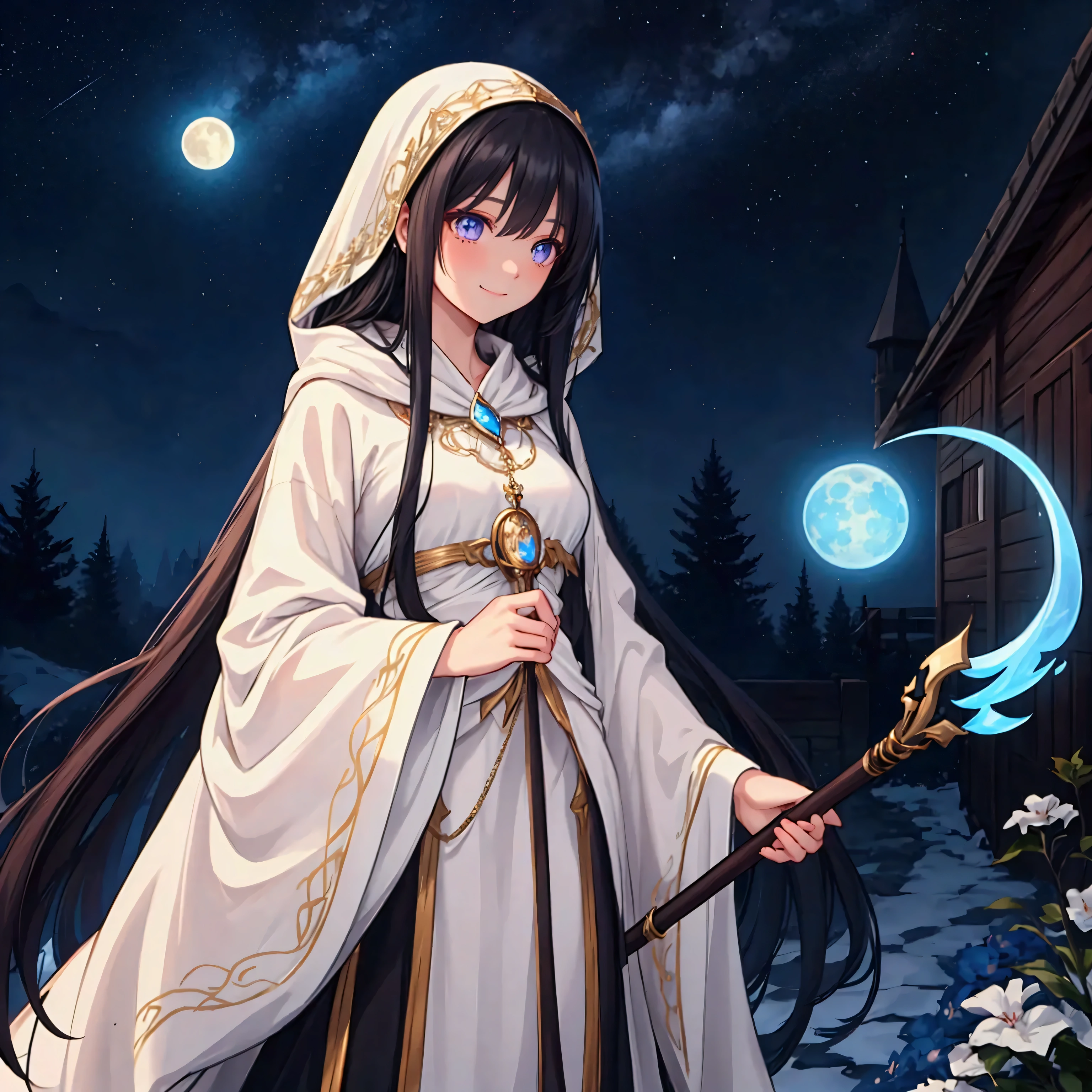 A slender woman with long, flowing black hair, standing at 160 cm tall, weighing 45 kg, with a petite chest. Her eyes are a soft, pale blue, giving her a mysterious and ethereal aura. She is dressed in a flowing white wizard's robe, adorned with intricate details, and holds an ornate wizard's staff. She stands under a vast, starry sky dominated by a large, glowing moon, set in a fantasy world. She is shown in full profile, with a gentle smile on her face, adding warmth to her otherworldly presence. The scene feels magical, with soft colors blending blues, purples, and silvery tones, complemented by ethereal lighting. The image is rendered in ultra-high quality, capturing every fine detail with stunning clarity in UHD, retina, and 4K resolution.