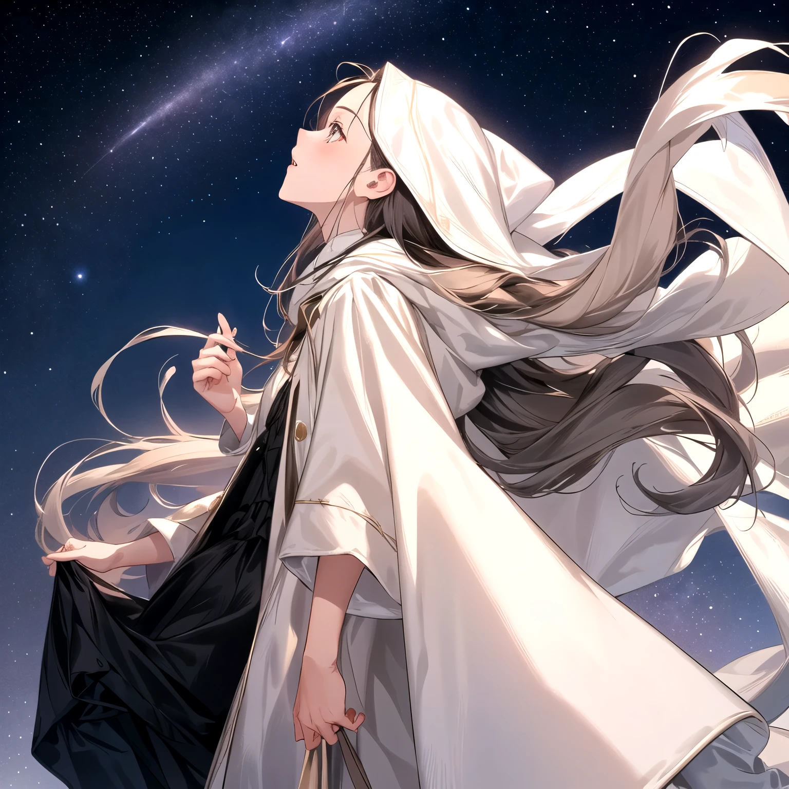 Starry sky background　Woman with long hair in black　Profile looking up at the sky　 white dress　Put on a beige coat