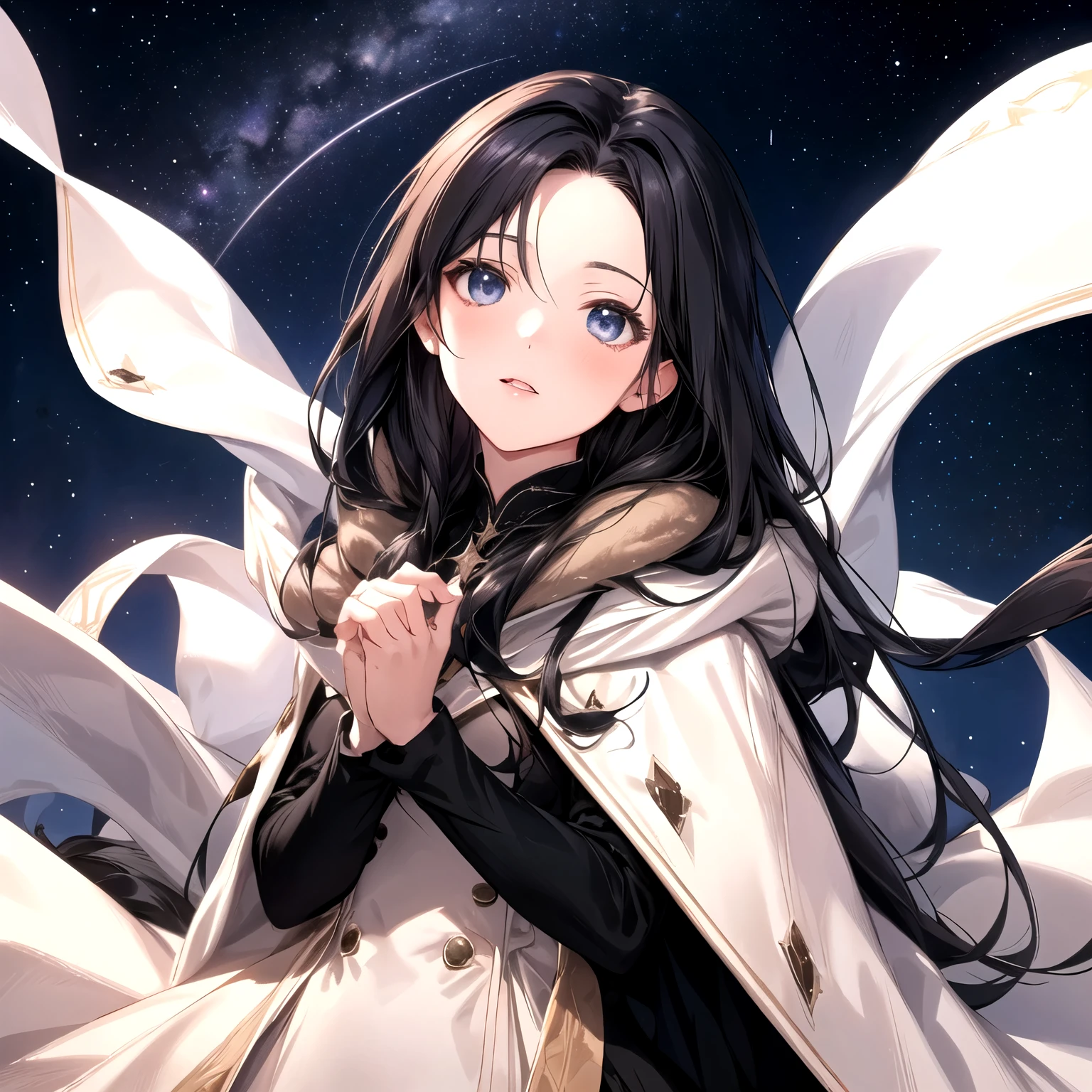 Starry sky background　Woman with long hair in black　Profile looking up at the sky　 white dress　Put on a beige coat