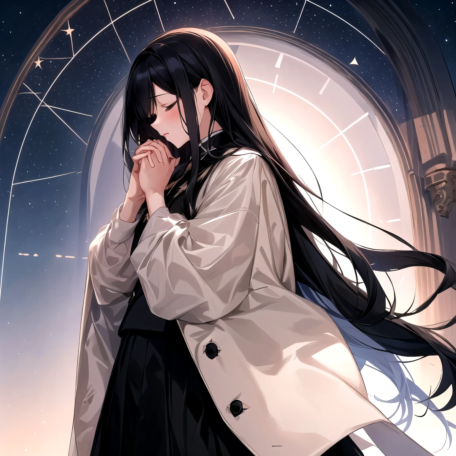 Starry sky background　Woman with long hair in black　Profile of a Man Praying　White Skirt　Black top　Put on a beige coat