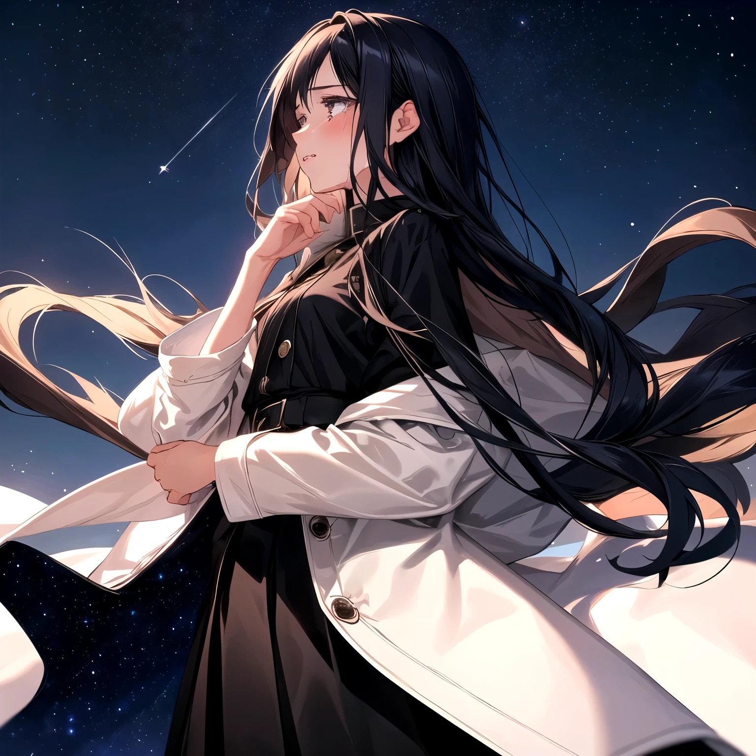 Starry sky background　Woman with long hair in black　A profile of a girl looking up at the sky and crying　White Skirt　Black top　Put on a beige coat