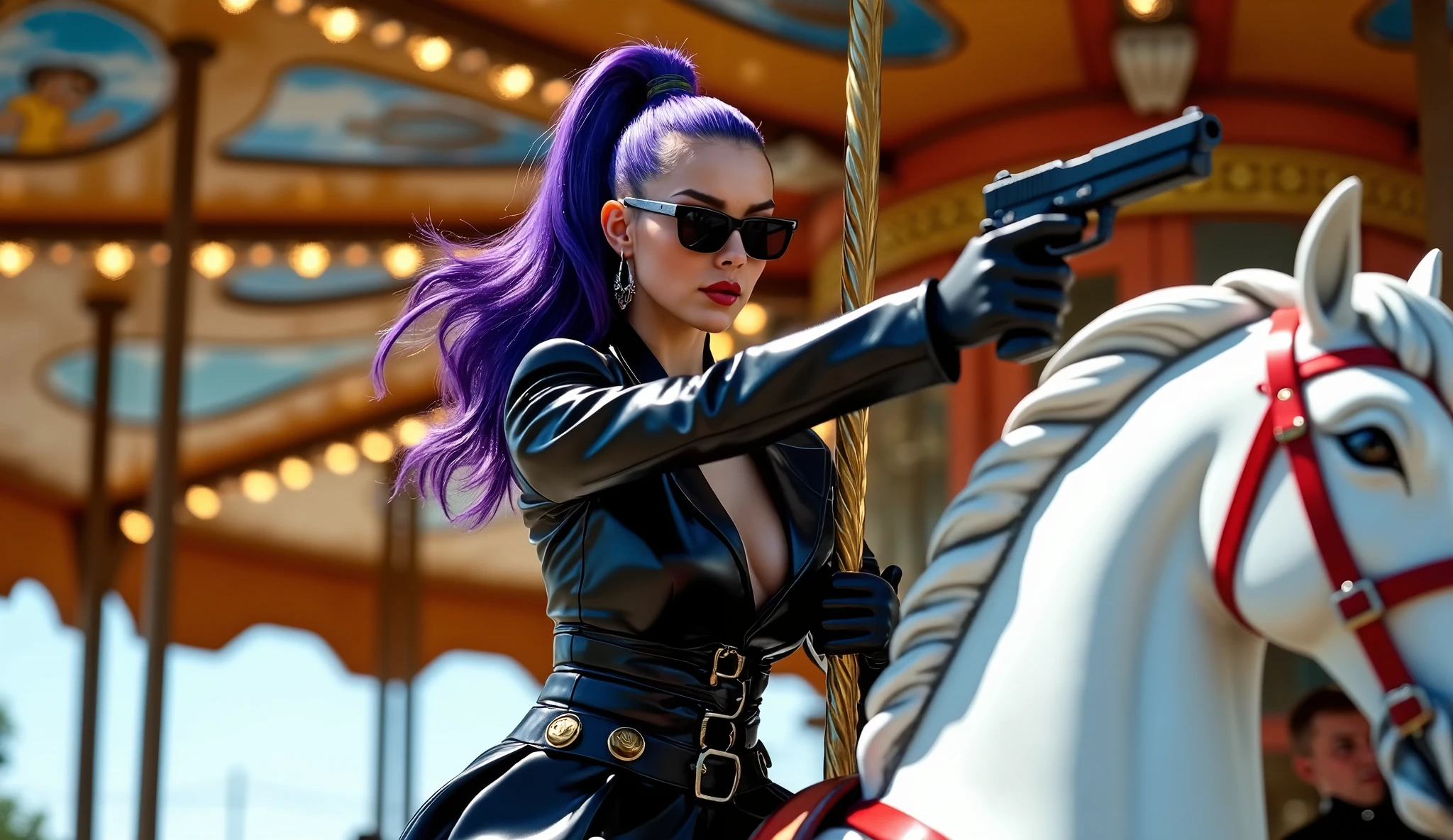 cinema photography, cinematic composition, a mysterious European beautiful woman in black leather tuxedo with purple hair and high ponytail curvy hair, she wear a black sunglasses, she holding a pistol and pointing foward, she riding on a white horse of a merry-go-round in amusement park, daylight, outdoor