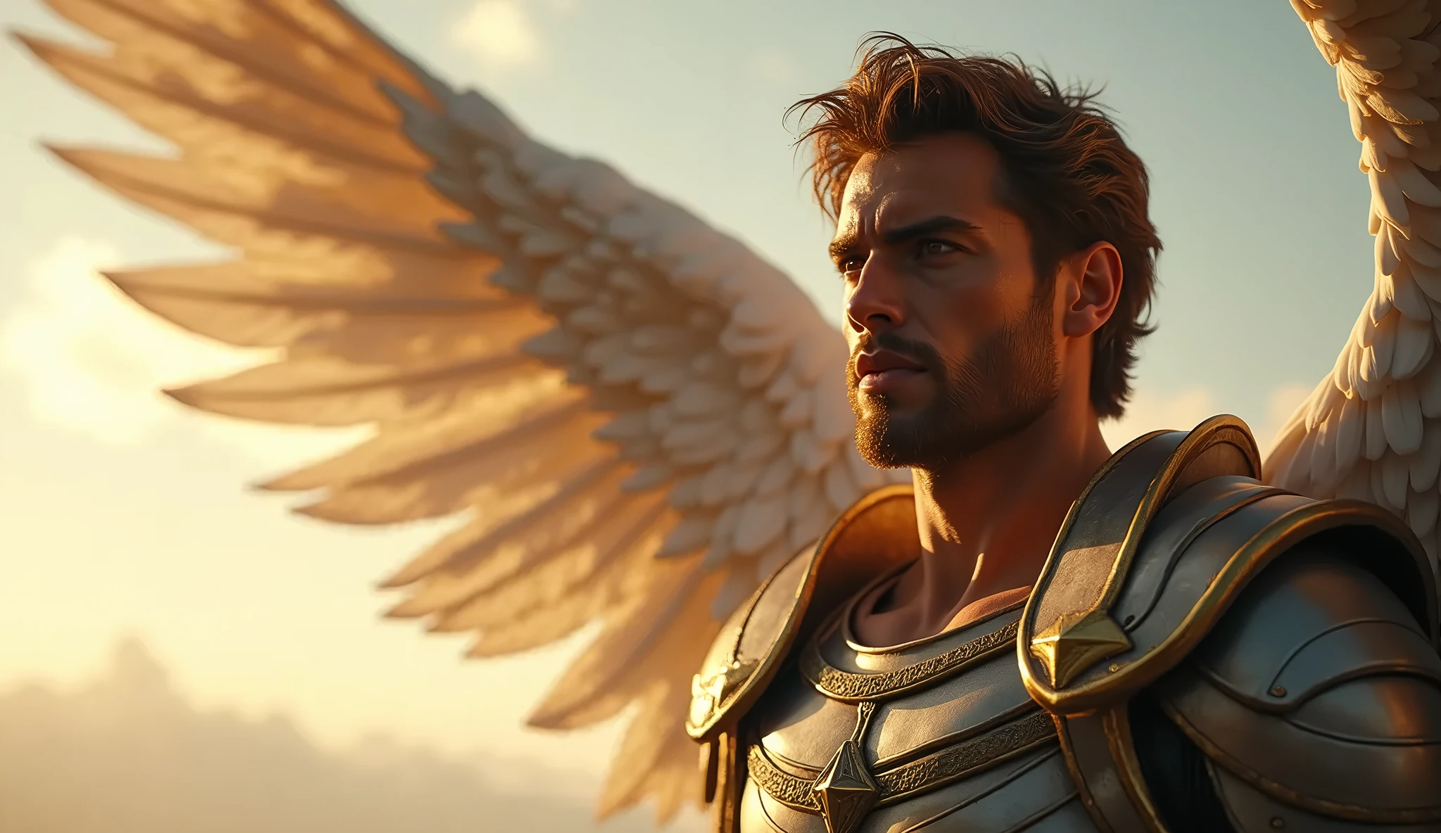 angel michael face turned to the side, with golden armor biblical story, 4k, realistic and detailed image,