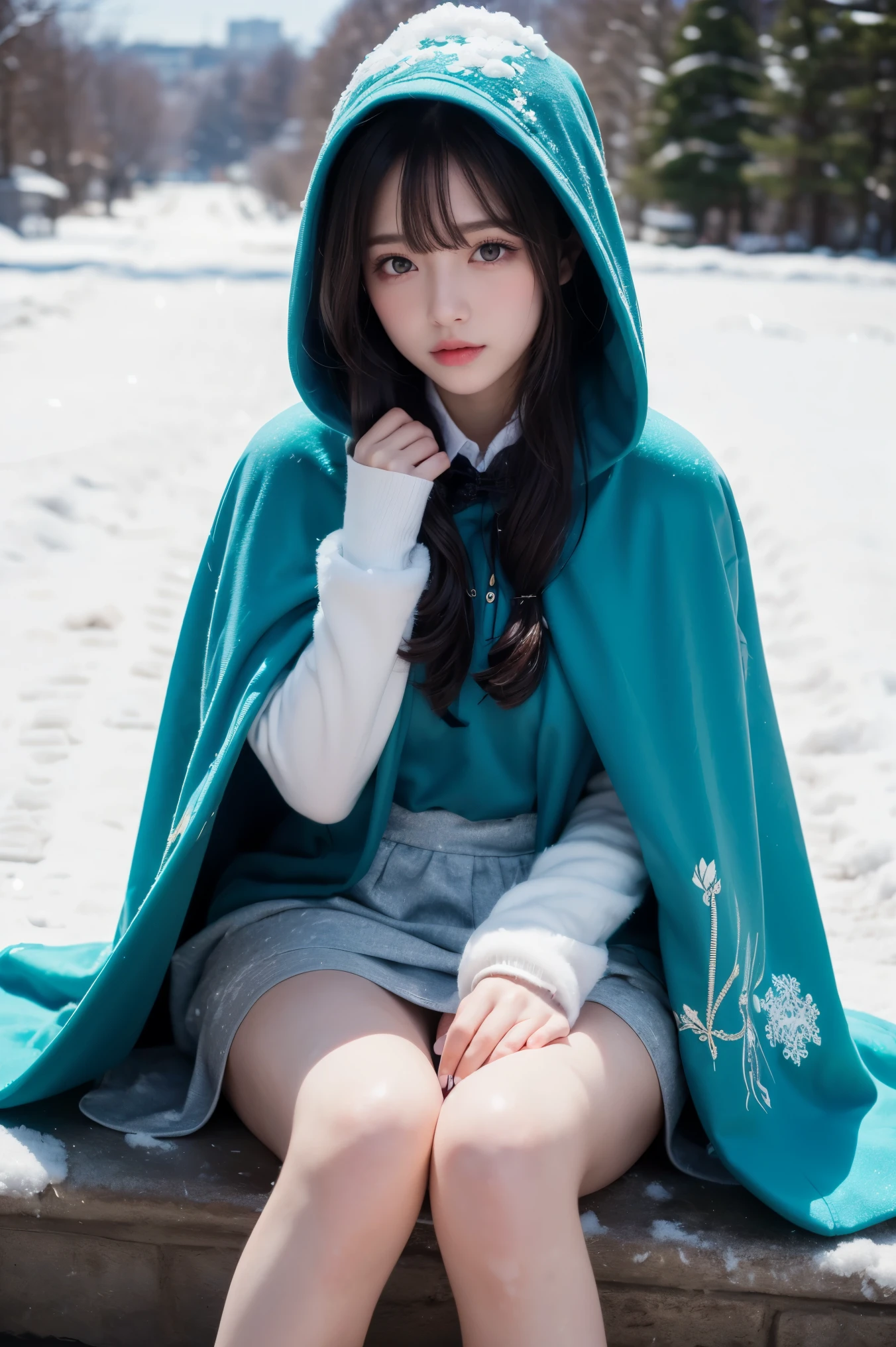( (8k:1.27), Best quality at best, tmasterpiece, Ultra-high resolution:1.2),1 girl,Turquoise pupils,Clear face, Sitting, ta costume,cloak,(Snow, Outdoor activities in winter:1.2)