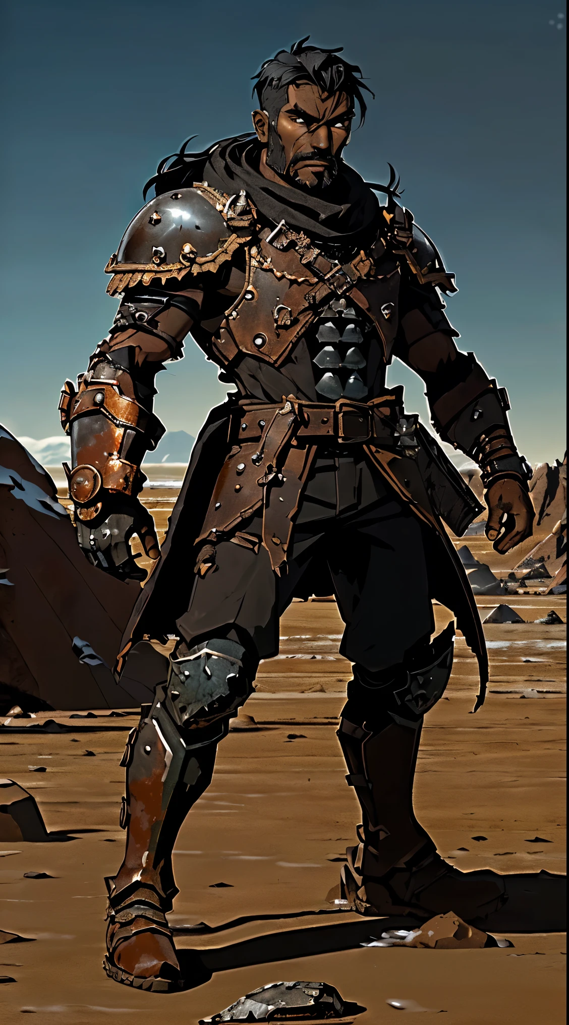 ((warrior man, black hair, dark hair, black skin, full body, strong, strong body)), steampunk, (combat pose, rusty armor), (desertpunk style, apocalyptic universe), diselpunk, diselpunk warrior, boots leather, battle pose, ice scene, ice environment, snow covered ground