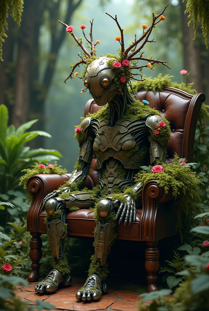 a unique, inadequate, unusual creature made of branches, flowers, and shiny metal inserts, sits in a chair in a room overgrown with strange plants