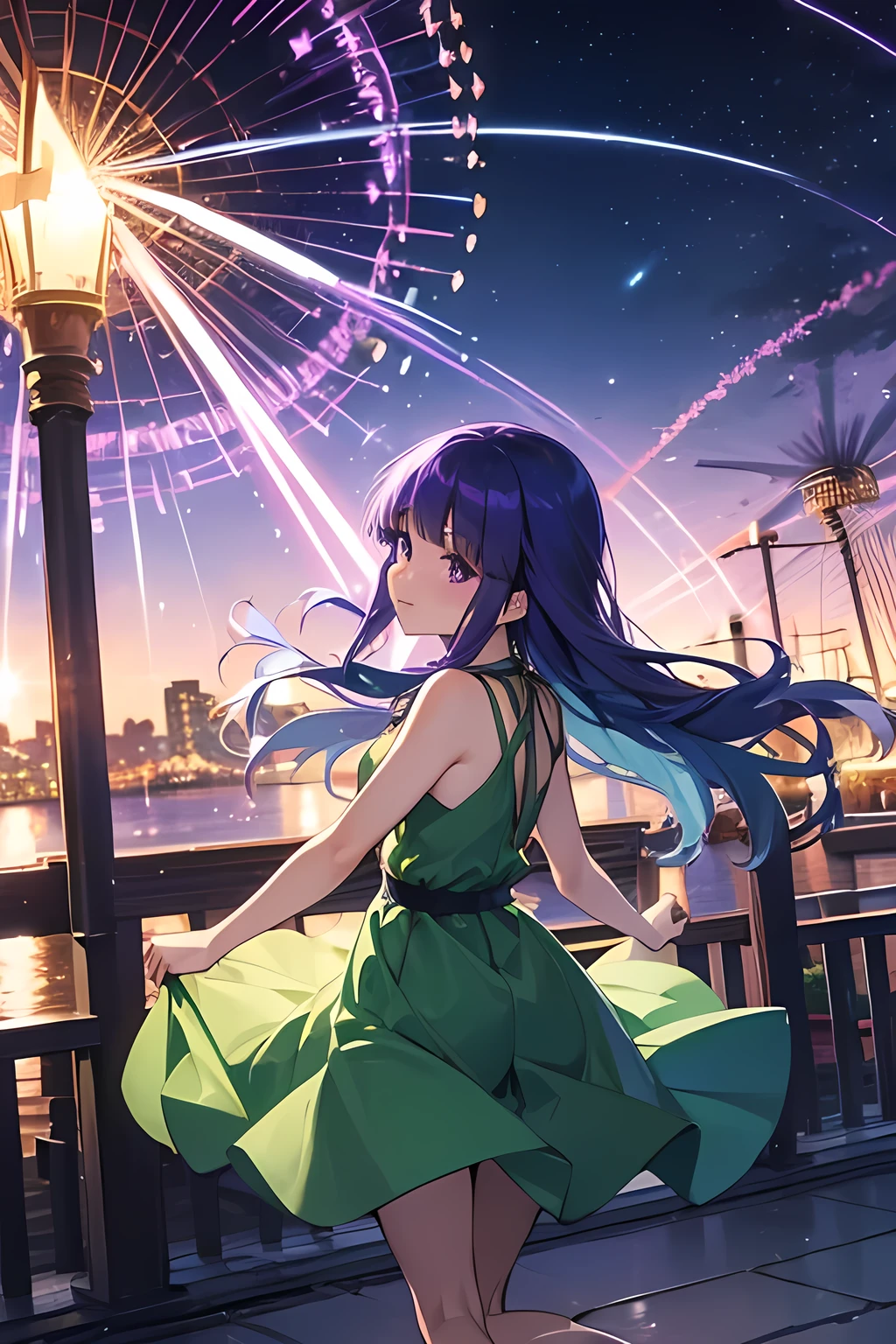 ((Furude Rika)), woman, alone, Blue Hair, Purple eyes,  sundress, (( Green Dress)),  Merry-Go-Round, Spinning Horse , 笑顔のwoman, Flowing Dress,  Night Illuminations, Fairy Lights