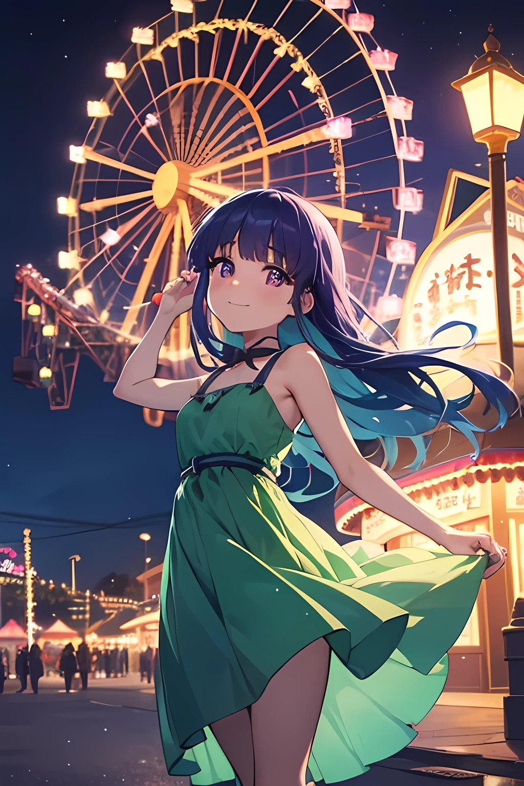 amusement park, ((Furude Rika)), woman, alone, Blue Hair, Purple eyes,  sundress, ((Green Dress)),  Merry-Go-Round, Spinning Horse , 笑顔のwoman, Flowing Dress,  Night Illuminations, Fairy Lights