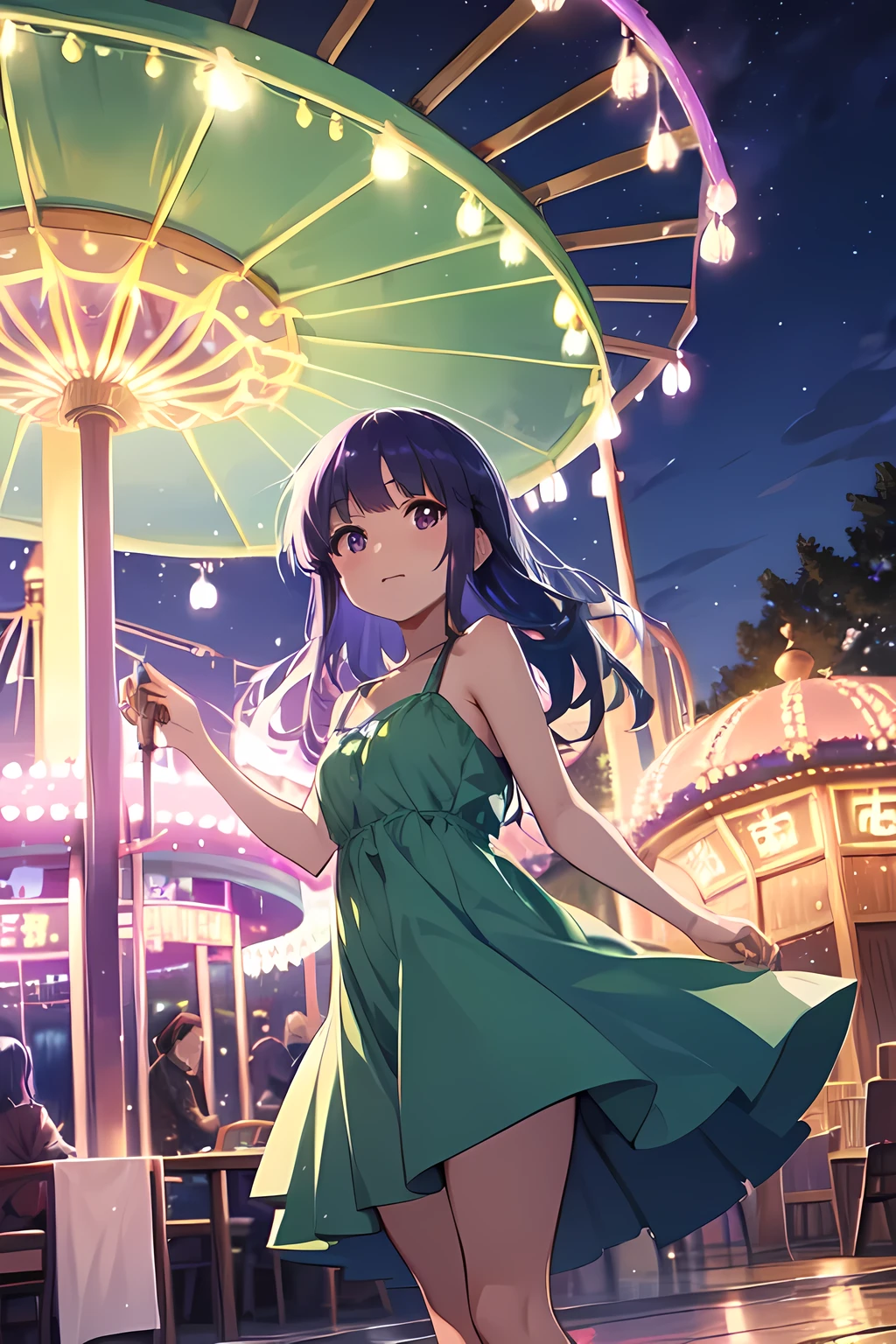 amusement park, ((Furude Rika)), woman, alone, Blue Hair, Purple eyes, sundress, ((Green Dress)), Merry-Go-Round, Spinning Horse , 笑顔のwoman, Flowing Dress, Night Illuminations, Fairy Lights