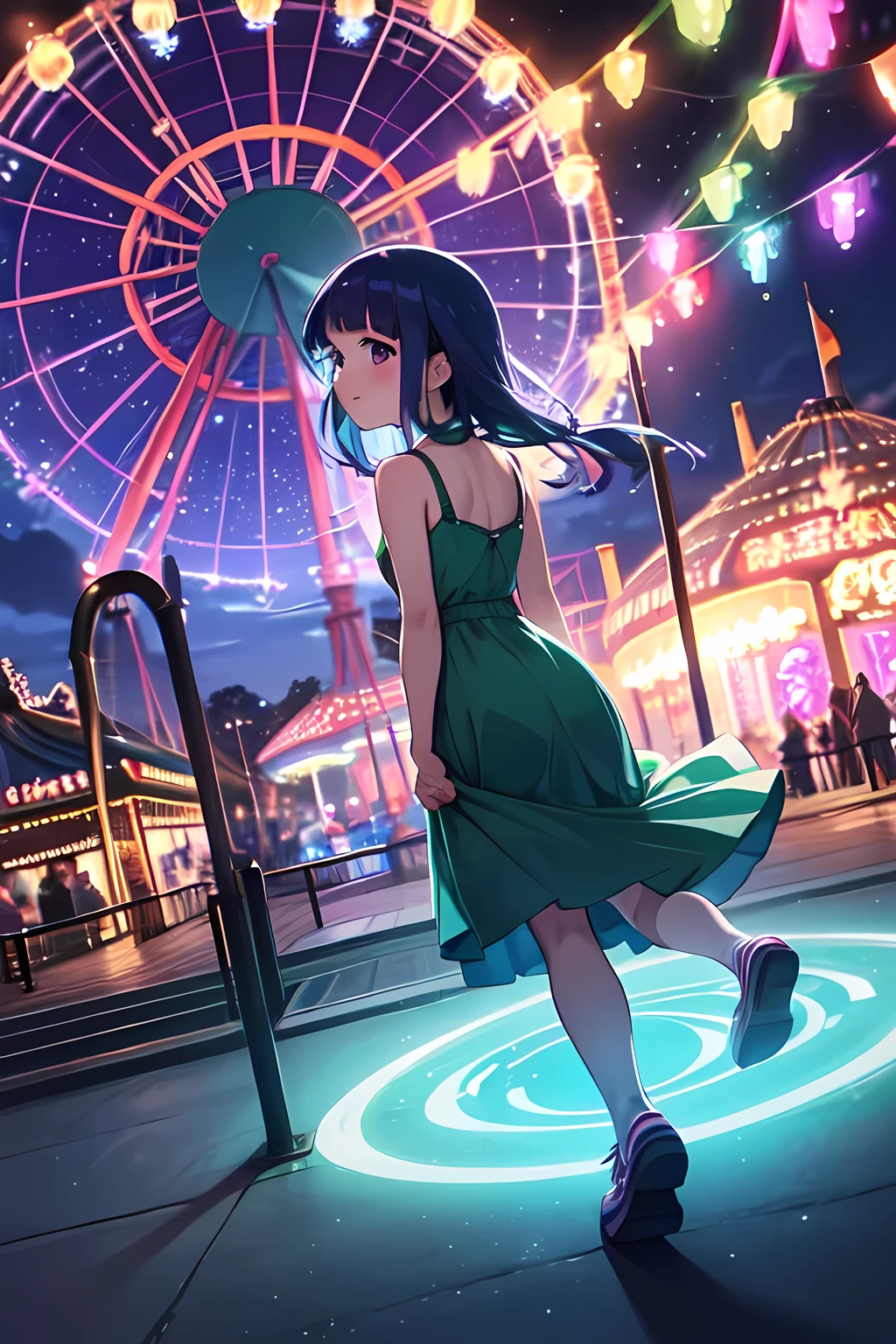 amusement park, ((Furude Rika)), woman, alone, Blue Hair, Purple eyes,  sundress, ((Green Dress)),  Merry-Go-Round, Spinning Horse , 笑顔のwoman, Flowing Dress,  Night Illuminations, Fairy Lights