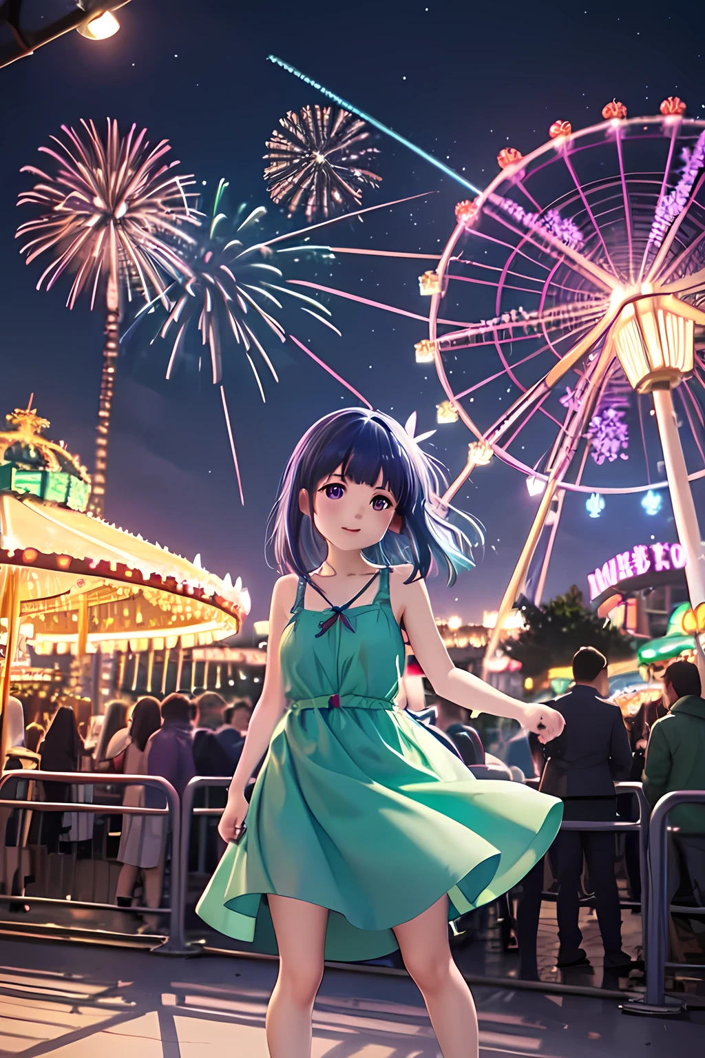 amusement park, ((Furude Rika)), woman, alone, Blue Hair, Purple eyes,  sundress, (( Green Dress)),  Merry-Go-Round, Spinning Horse , 笑顔のwoman, Flowing Dress,  Night Illuminations, Fairy Lights