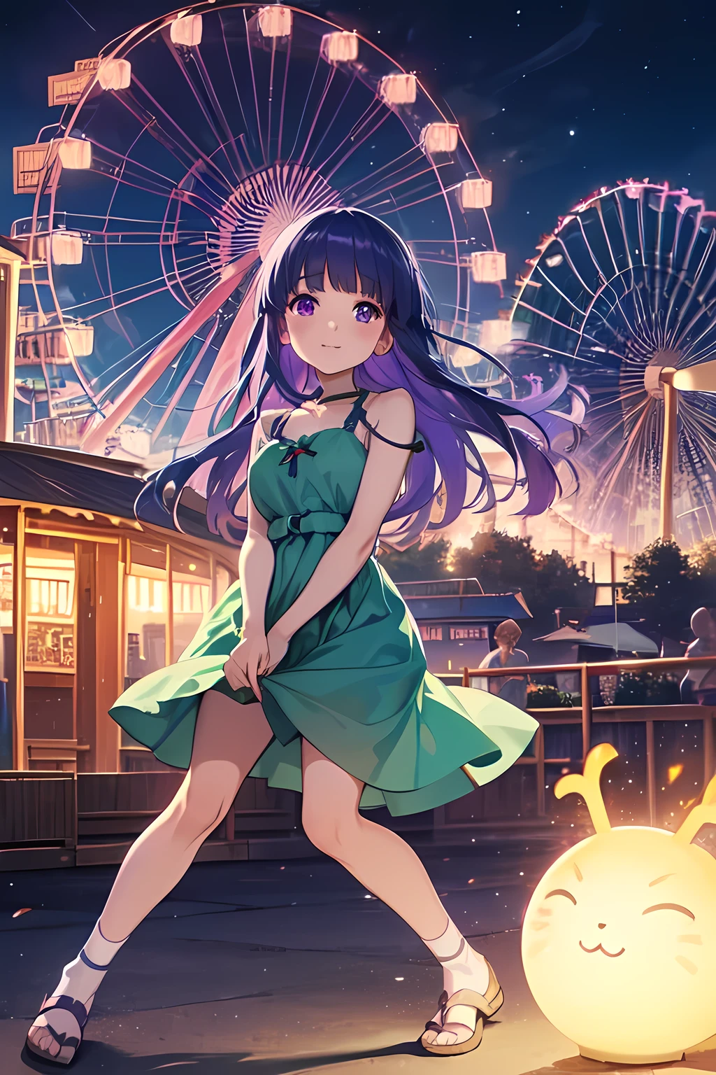 amusement park, ((Furude Rika)), woman, alone, Blue Hair, Purple eyes,  sundress, (( Green Dress)),  Merry-Go-Round, Spinning Horse , 笑顔のwoman, Flowing Dress,  Night Illuminations, Fairy Lights