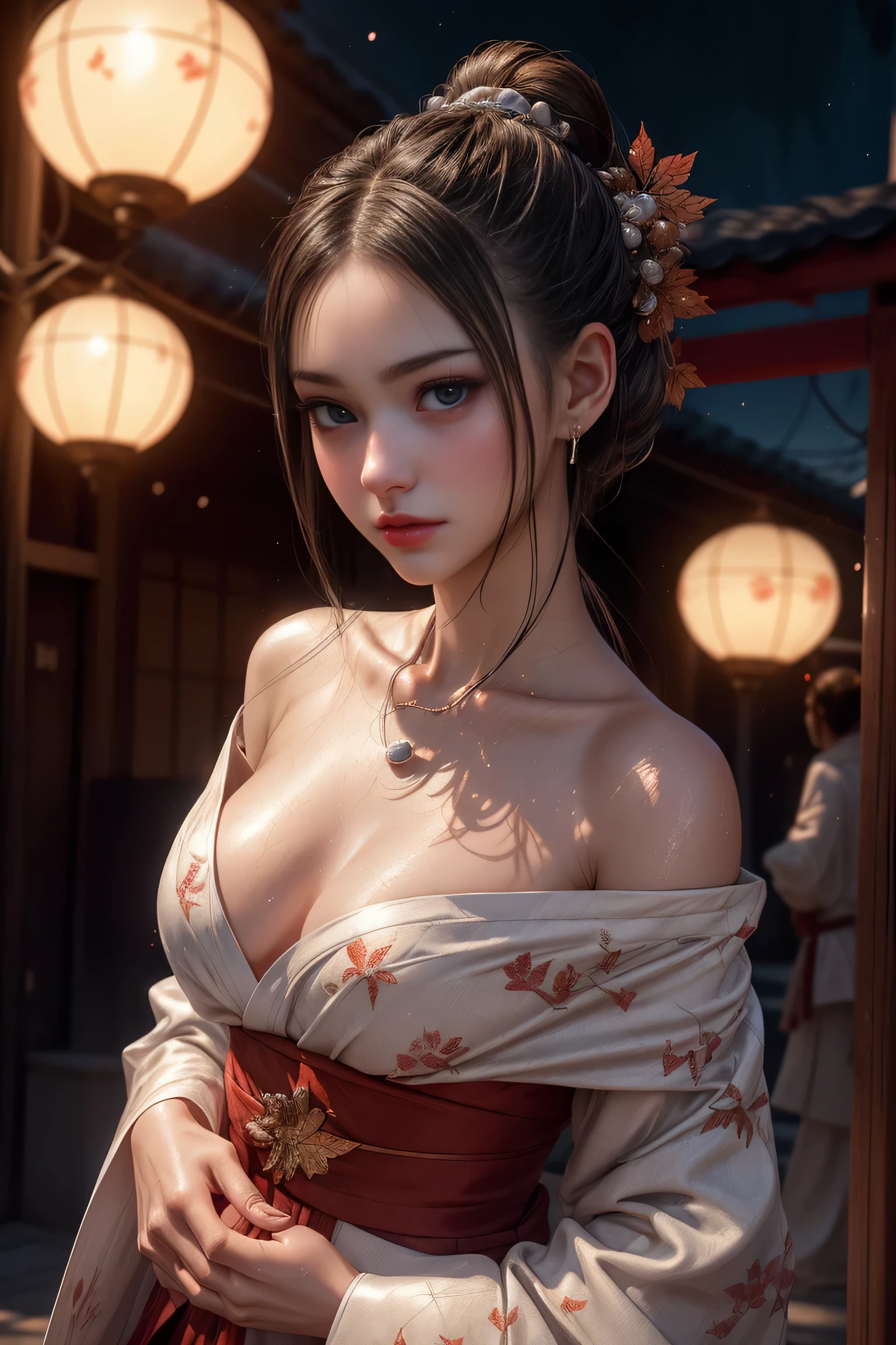 (8K,RAW photos,best qualtiy,tmasterpiece:1.2),ultra - detailed,offcial art,realisticlying:1.37,Artistically,Sexy huge(5) , Big breasts, cleavage, White skin, Beautiful long leg top transparent top,Large breasts,Transparent lace shirt ,The bare top is transparent,light make-up,Sexy nudity