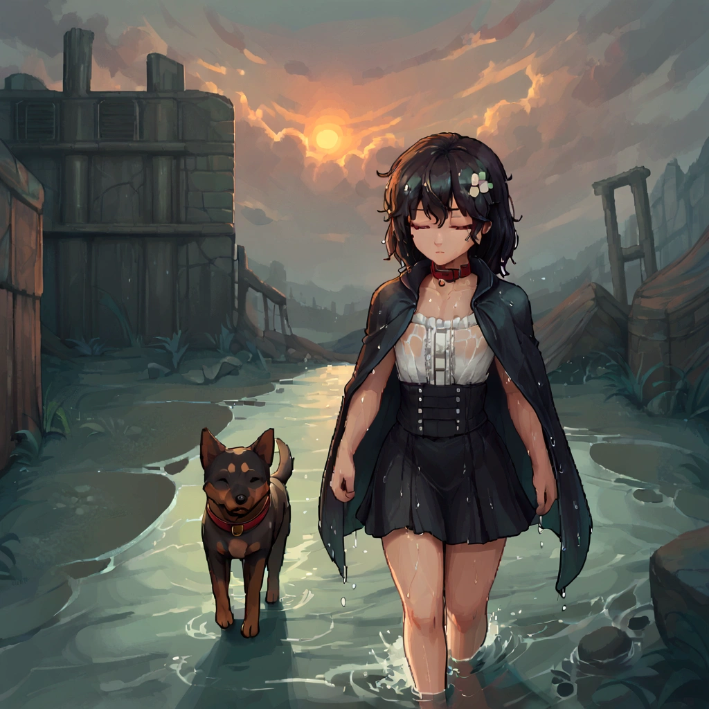 ((retina, high details, super detail, highres, 16k)), front angle:1.5, high definition pixel art:1.4 ,  Artistic Pixel Art, barren land:1.5, Wasteland Ruins, Rain:1.1, Cloudy, sunset, 1girl, , eyes closed:1.5, eyes closed girl:1.5,  semi-long cropped black hair , Black Cape,  outerwear with frills on white shirt , white blouse, フリルのついた, flat chest,  long black skirt, (wet on hair),  Red Lead on Her Right Hand , walking, 1 black dog, Red collar, Dog walking next to a girl 