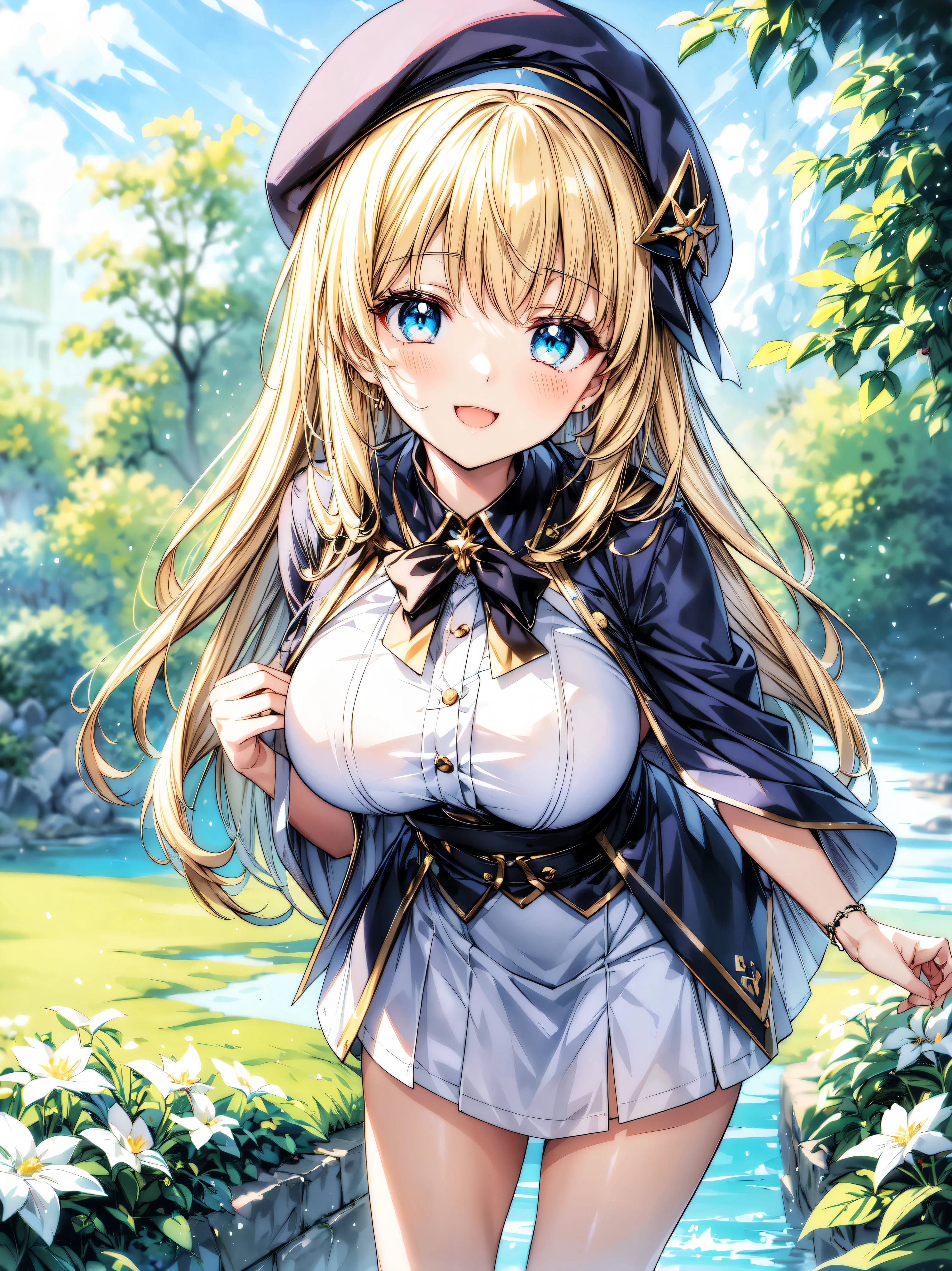 ((Ultra HD)), ((Super detailed)), ((Best Quality)), Blonde, ((Asymmetrical bangs)), KAWAII, happy smile, Big Breasts, breasts focus, Beret, Pleated mini skirt with lace, White Wizard, (baggy cloak), looking at viewer, from above, (leaning forward:1.2), on grassland, (((Complete Hand))), amazing digital painting, ((depth of field, blurred background)), (anime moe art style:1.3),