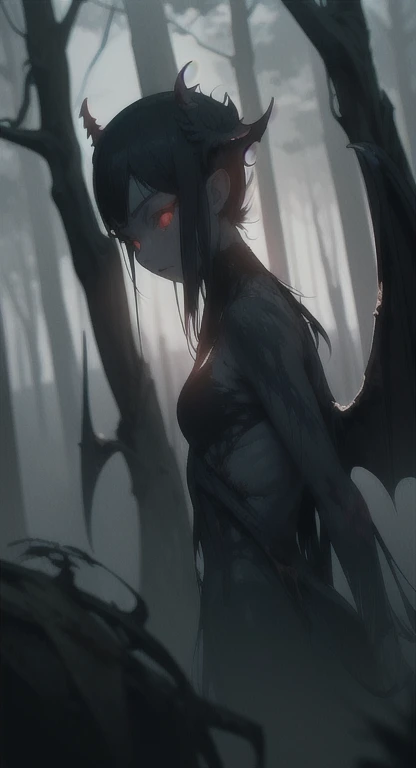 Foggy Forest, demonic silhouette, fairy shadow figure, red eyes, eyes in the fog, rotting, looking dead, torn wings, 