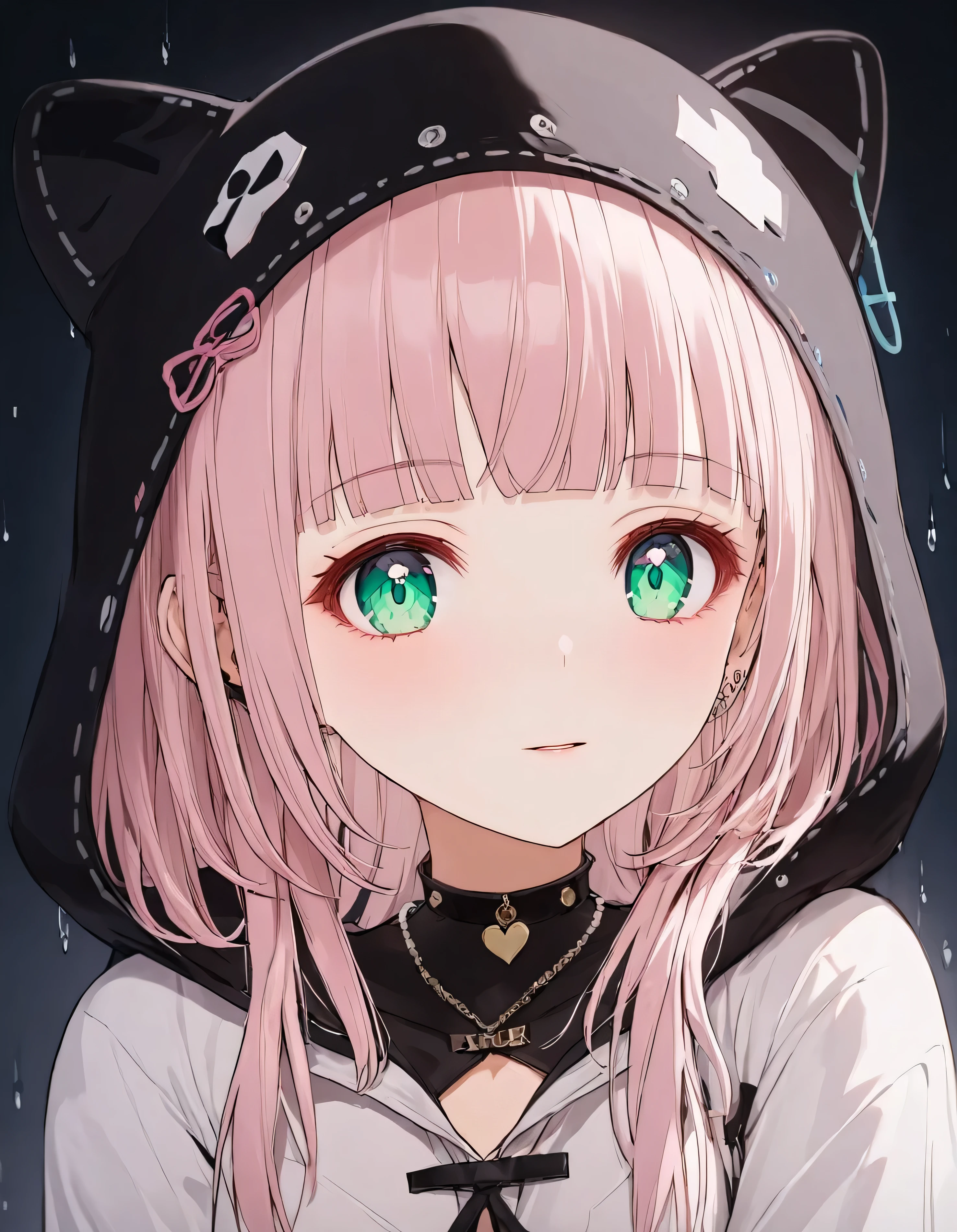 luzao\(EOE\),one girl,solo,{masterpiece}, {Super detailed}, {high resolution},(best quality),((pearl-pink hair,emerald eyes)),{{Extremely detailed and refined}}, {4k CG wallpaper}, {{illustration}},(|Detailed hair|blunt bangs|shiny hair),(cowbody shot),((,white raincoat)),black hood,