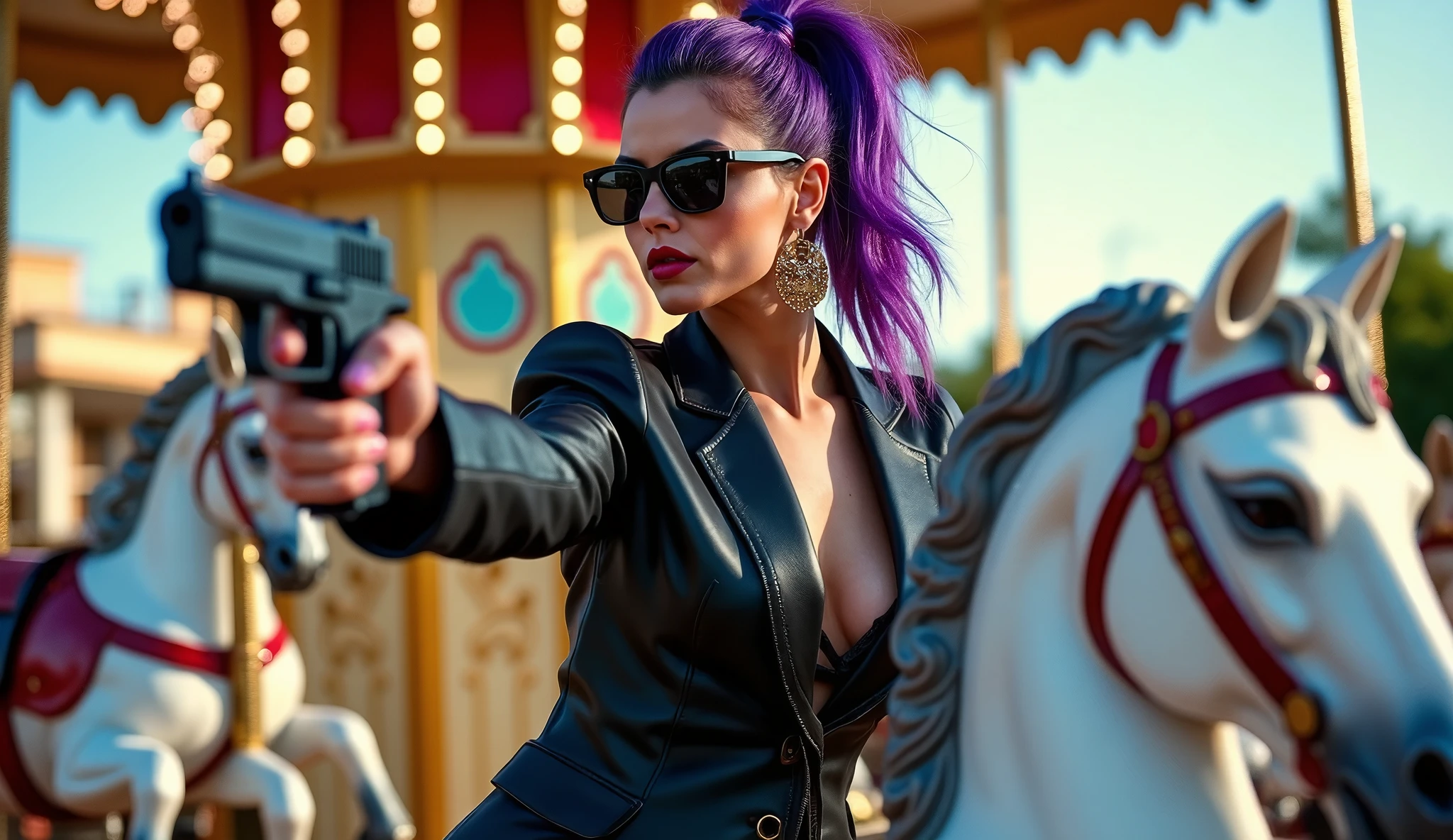 cinema photography, cinematic composition, a mysterious European beautiful woman in black leather tuxedo with purple hair and high ponytail curvy hair, she wear a black sunglasses, she holding a pistol and pointing foward, she riding on a white horse of a merry-go-round in amusement park, daylight, outdoor