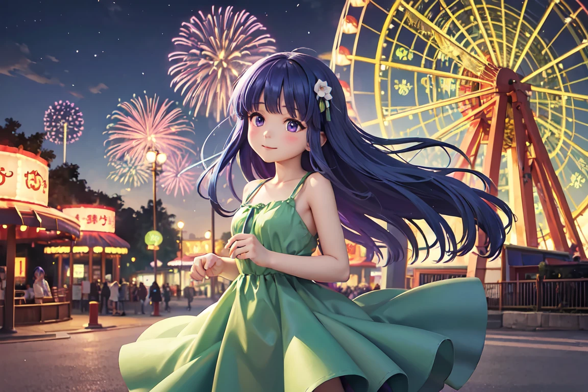 amusement park, ((Furude Rika)), woman, Alone, Blue Hair, Purple eyes, Long Hair,  sundress, (( Green Dress)),  merry-go-round , Spinning Horse , 笑顔のwoman, Flowing Dress,  Night Illuminations, Fairy Lights