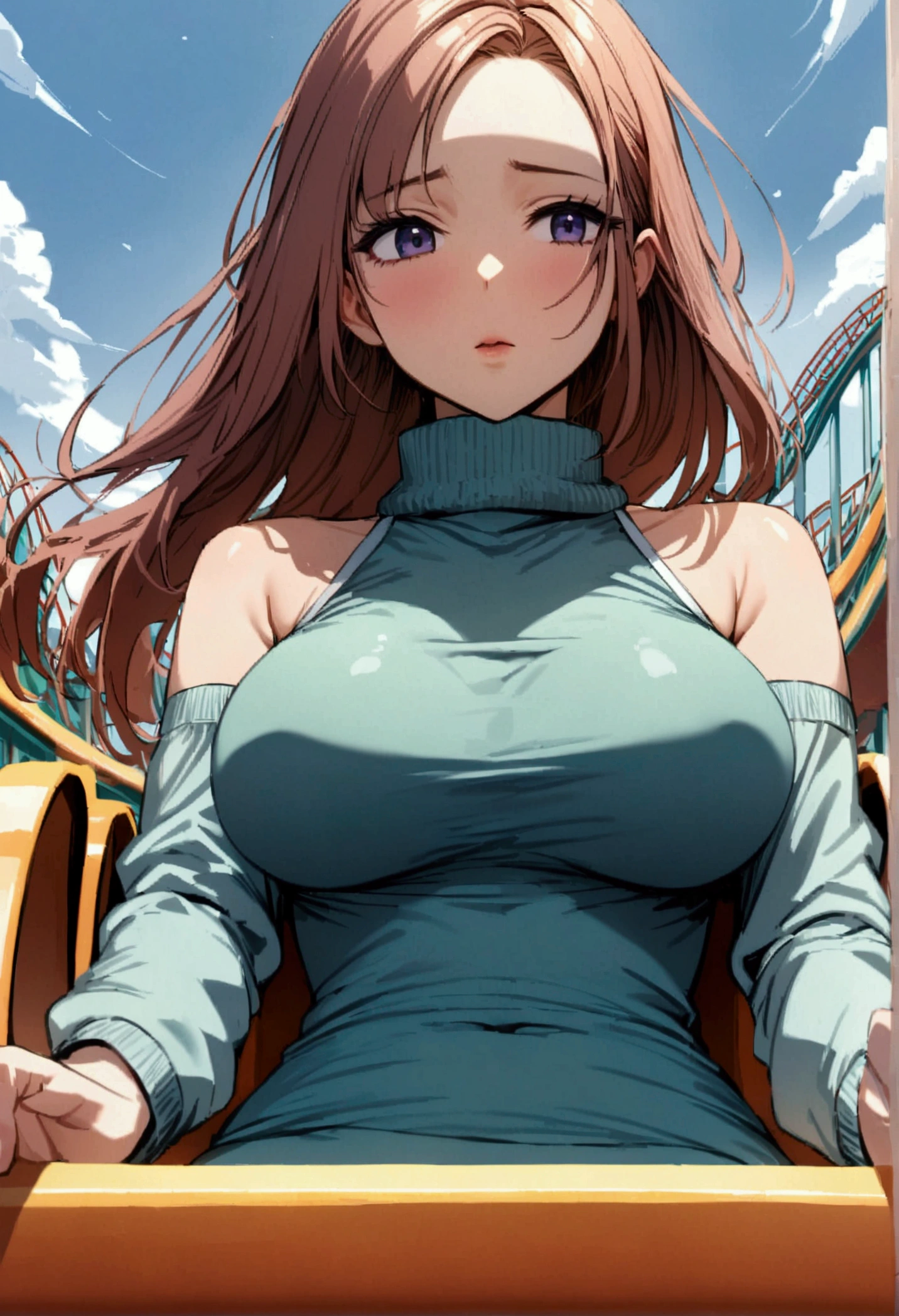 beautiful busty women in winter turtle neck tops riding a roller coaster, winter Daytime, braless