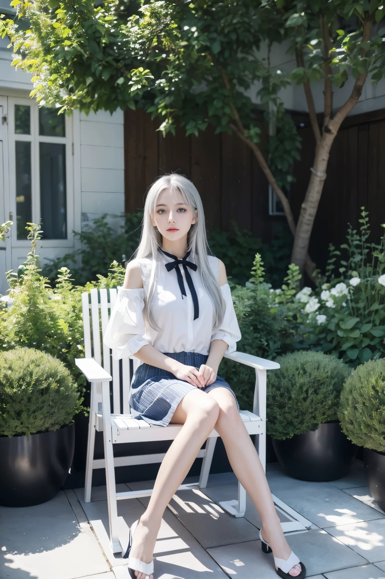 Alisa mikhailovna kujou, 1girl, Long silver hair, blue pupils, Wearing black and white casual clothes, sitting on garden chairs, indoor garden 