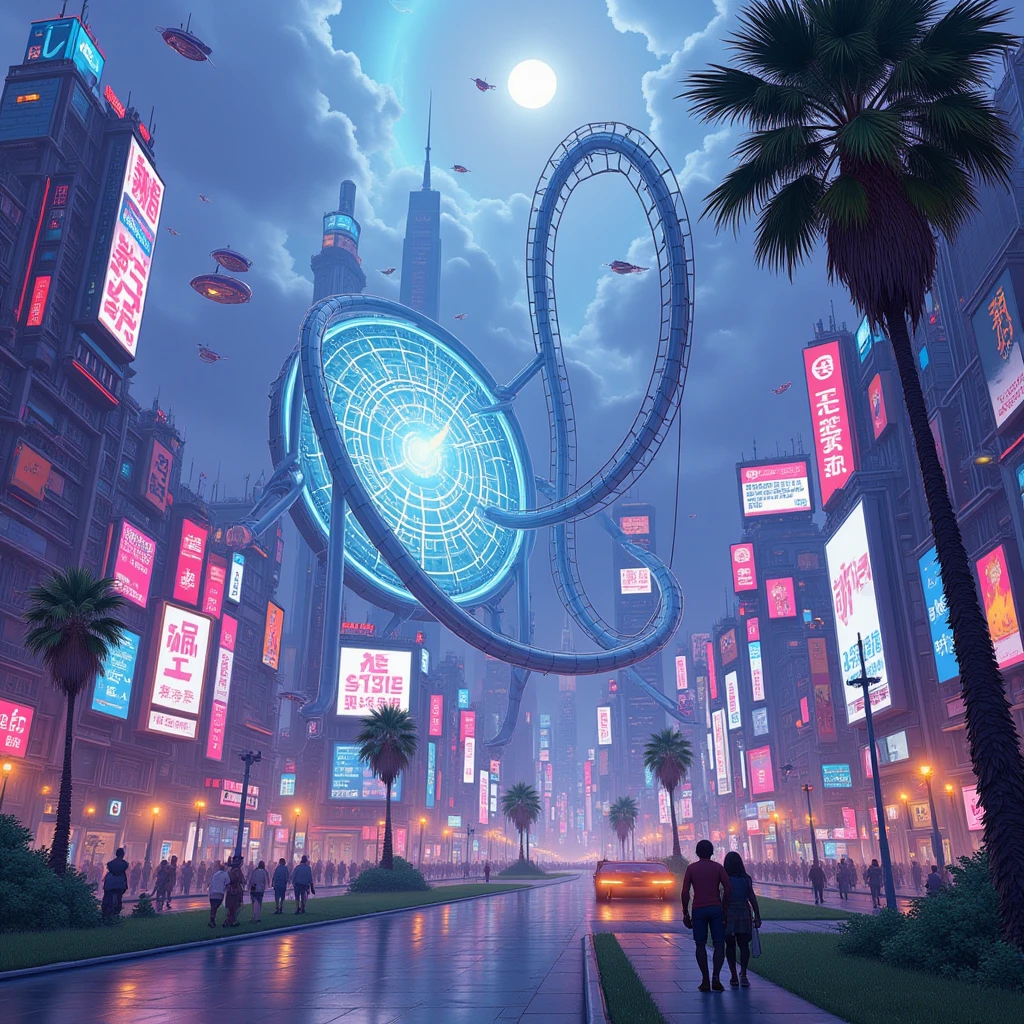 Cybanime, A futuristic amusement park set in a sci-fi metropolis, filled with glowing, neon lights and advanced technology rides. Sleek, silver roller coasters loop in impossible directions, defying gravity. A large holographic Ferris wheel stands at the center, while flying vehicles transport visitors across the park. 