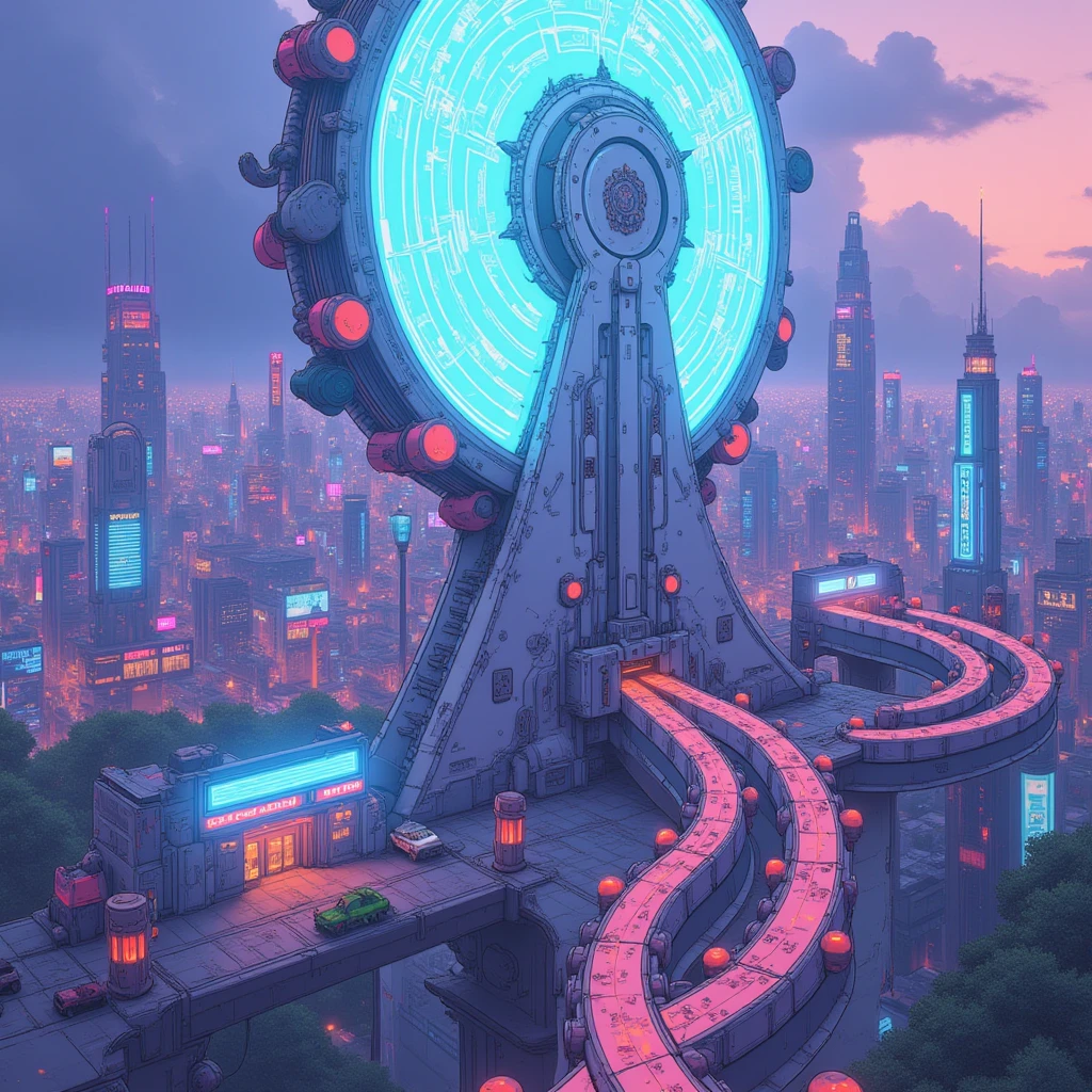 Cybanime, A futuristic amusement park set in a sci-fi metropolis, filled with glowing, neon lights and advanced technology rides. Sleek, silver roller coasters loop in impossible directions, defying gravity. A large holographic Ferris wheel stands at the center, while flying vehicles transport visitors across the park. 