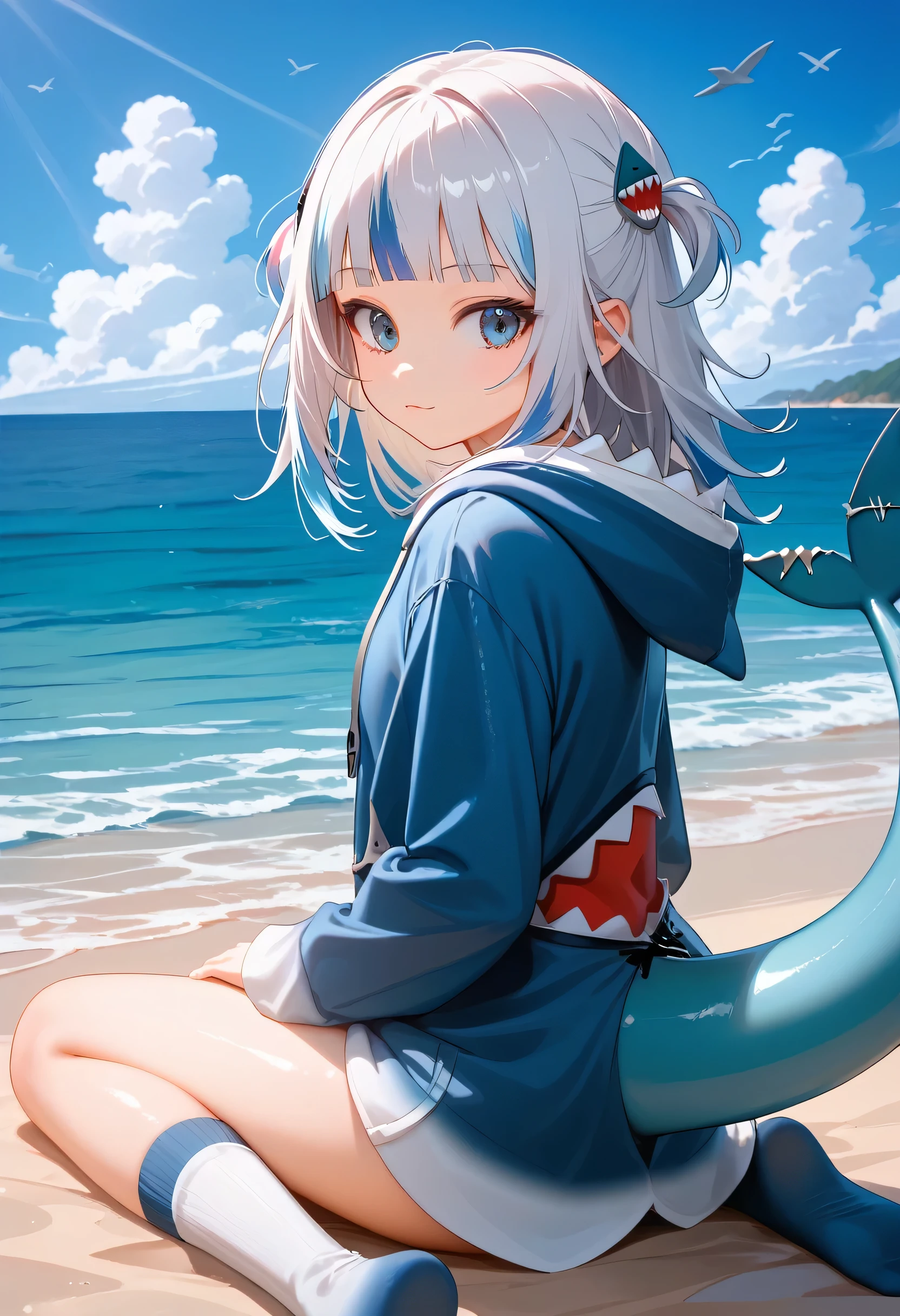 score_9, score_8_up, score_7_up,source_anime, high res image,masterpiece,best quality,girl,cute face,clear skin,shiny hair,ultra detailed eyes,1girl, tail, fish tail, virtual youtuber, shark tail, solo, blue eyes, multicolored hair, hood, looking at viewer, blue hair, outdoors, hair ornament, sitting, fins, blue hoodie, streaked hair, sky, hoodie, cloud, ocean, day, grey hair, blue sky, shark hair ornament, two side up, beach, hood down, long sleeves, looking back, closed mouth, blunt bangs, water, shark girl, medium hair, from behind, bird, socks, horizon, long hair