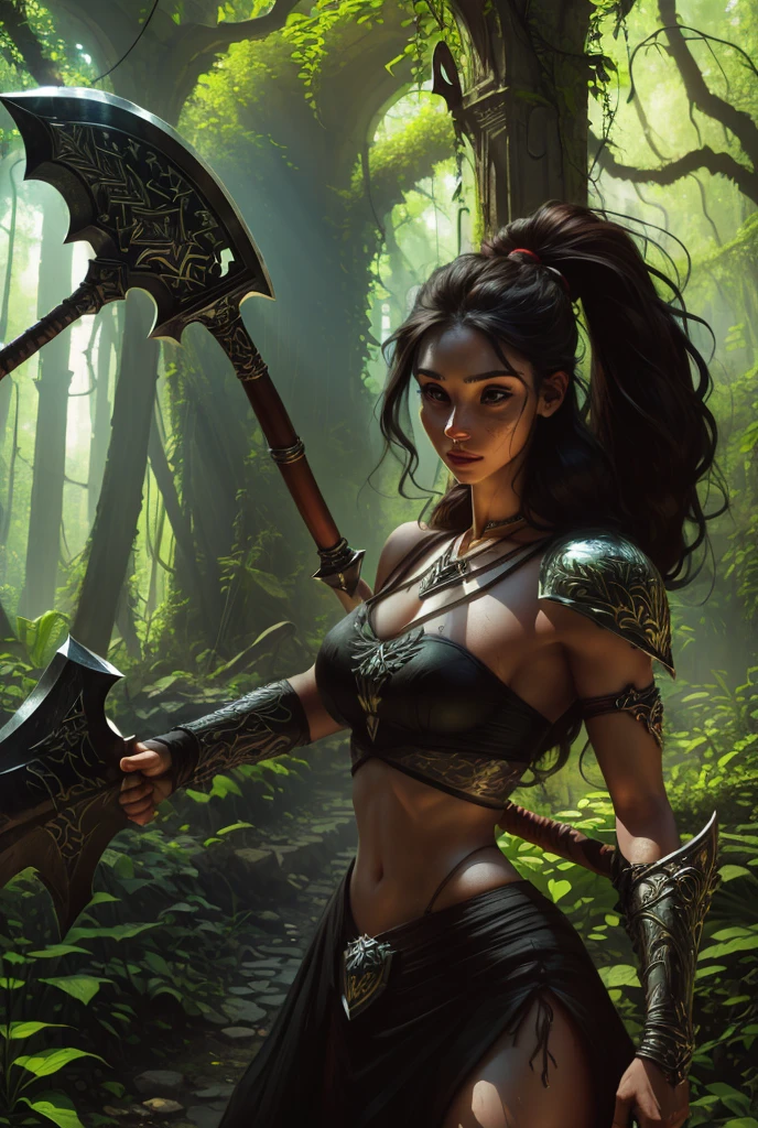 teenager girl holding a magically pulsating battle axe, standing defiantly amidst the ruins of a forgotten temple. Sunlight streams through the cracks, jungle foliage creeps through the openings. Vibrant colors, overgrown greenery, epic scale, ((detailed battle axe)), ((detailed hands)), ((enchanted battle axe)), photorealistic, 8k, hyper detailed, cinematic lighting, dramatic shadows, highly detailed face, intricate texture, realistic skin, dramatic pose, lush vegetation, crumbling architecture, mystical atmosphere