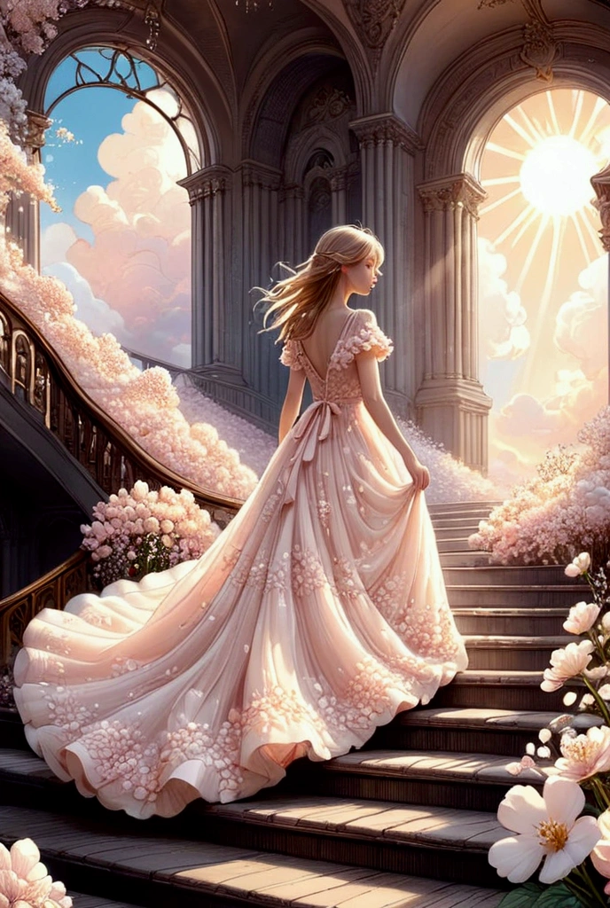 a girl in a dress made of milky cream flowers, soft pale pink, marshmallow airy dress with a train, walks up the crystal, at the top the rays of the sun pierce the airy clouds of the stairs to Eden, ISO 100