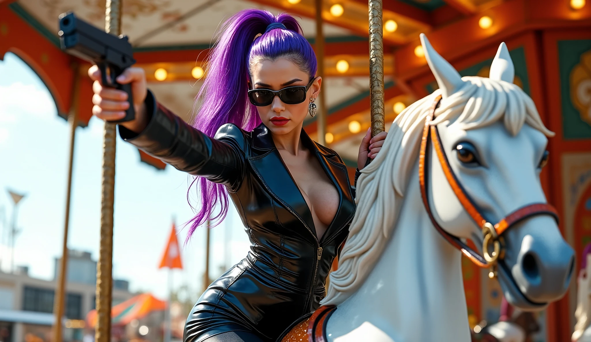 cinema photography, cinematic composition, a young beautiful girl in black leather tuxedo with purple hair and high ponytail curvy hair, she wear a black sunglasses, she holding a pistol and pointing foward, she riding on a white horse of a merry-go-round in amusement park, daylight, outdoor